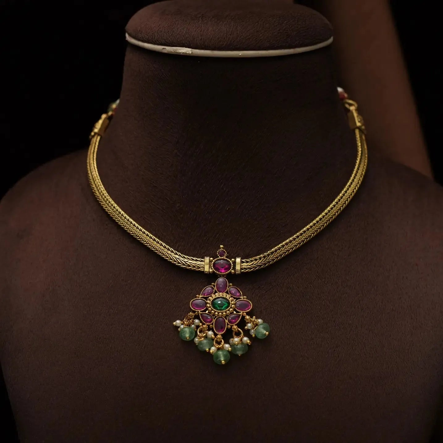 Aadishri Antique Attigai Necklace -  Green Beads
