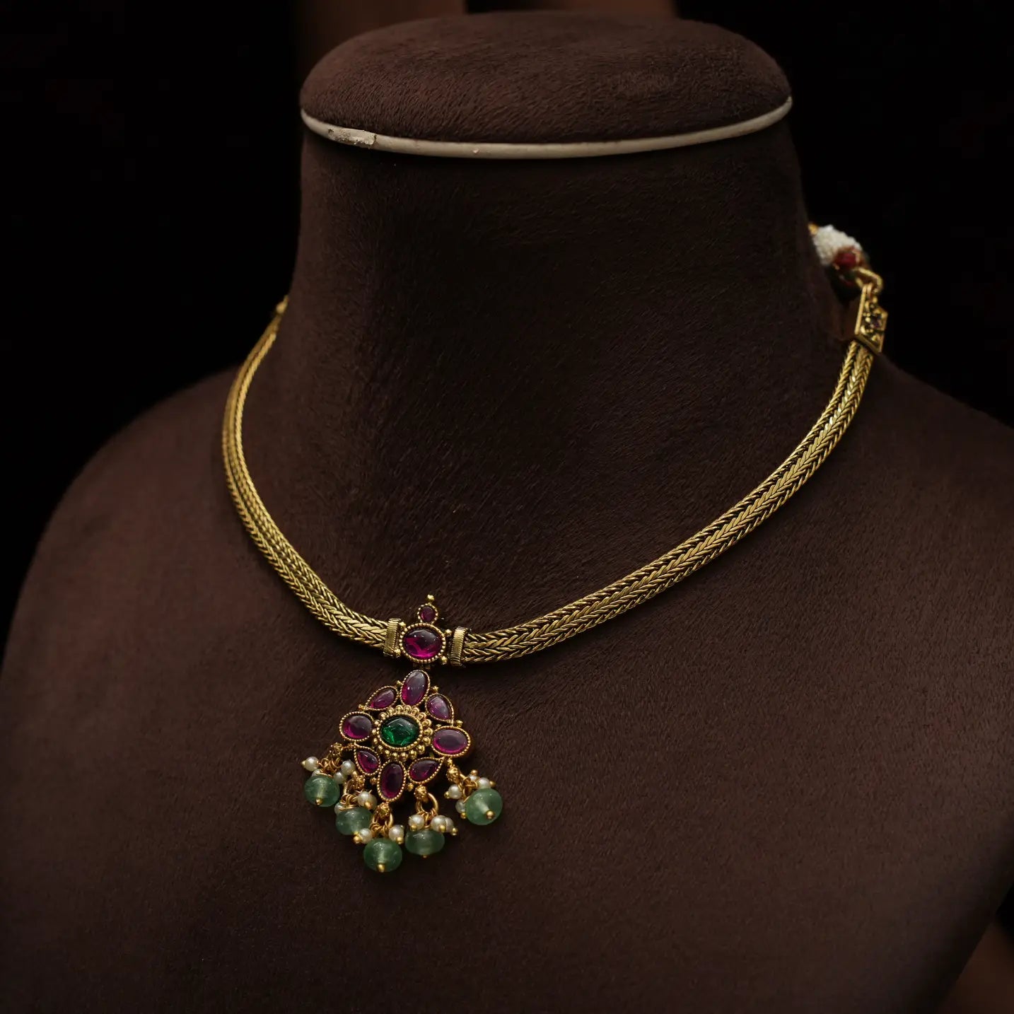 Aadishri Antique Attigai Necklace -  Green Beads