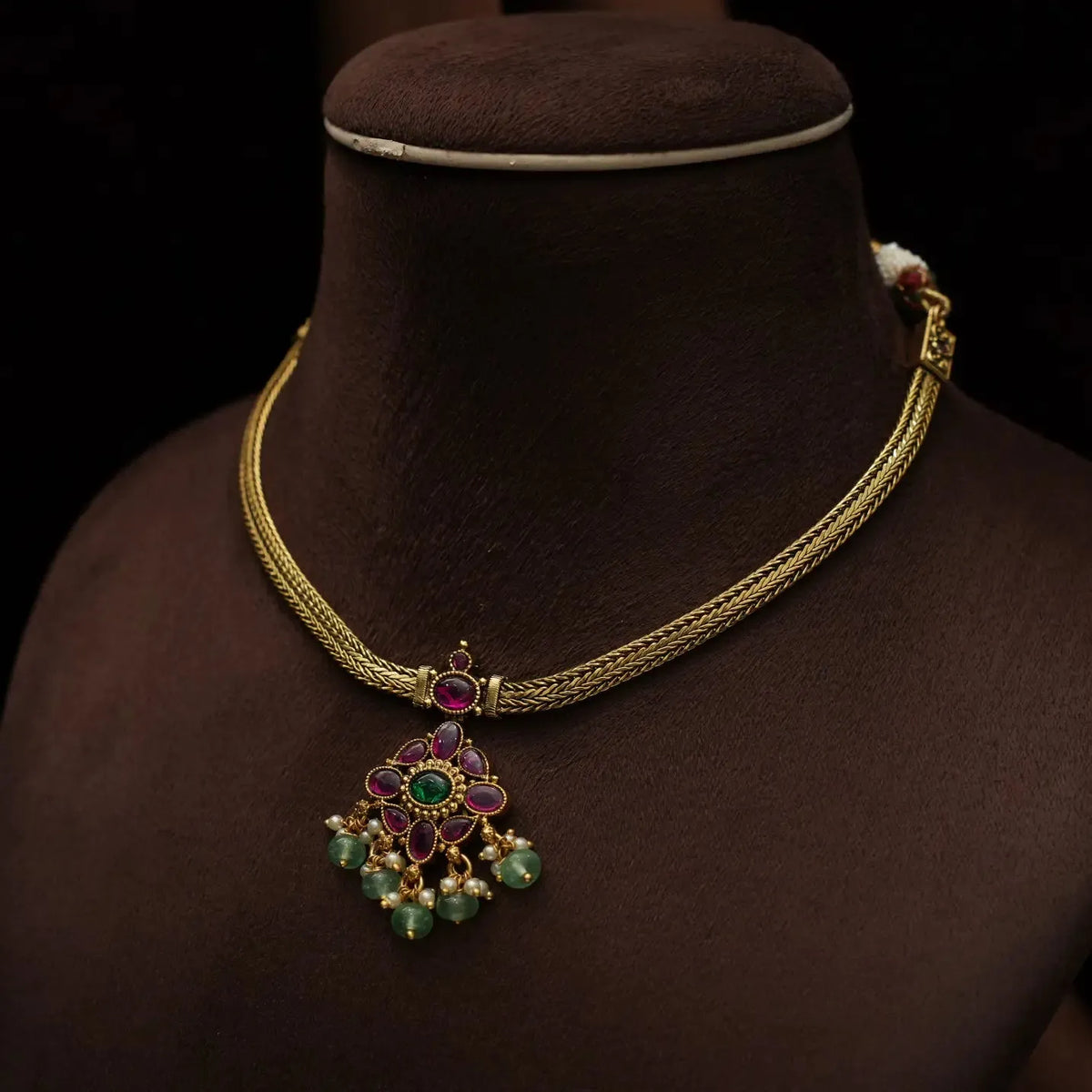 Aadishri Antique Attigai Necklace -  Green Beads