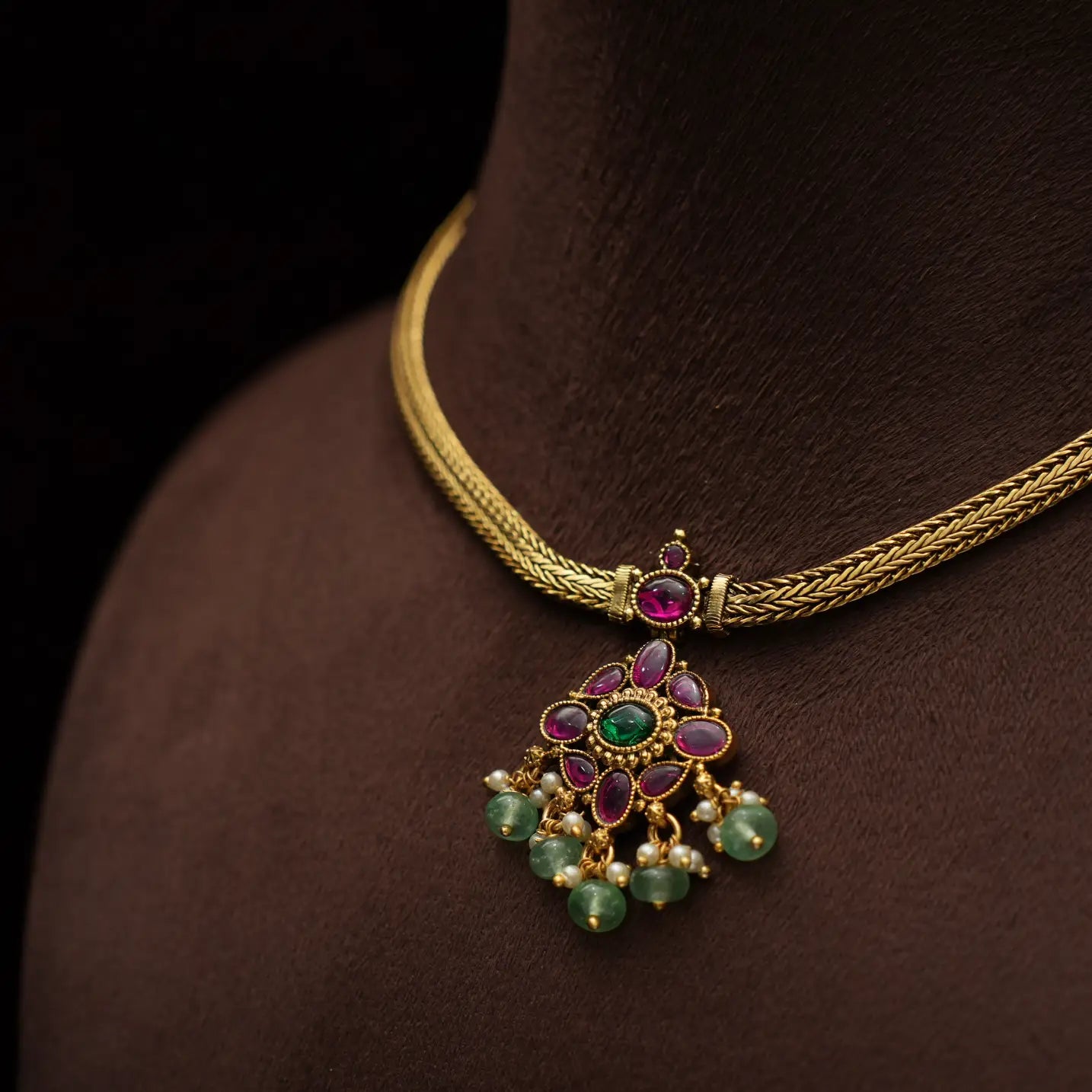 Aadishri Antique Attigai Necklace -  Green Beads