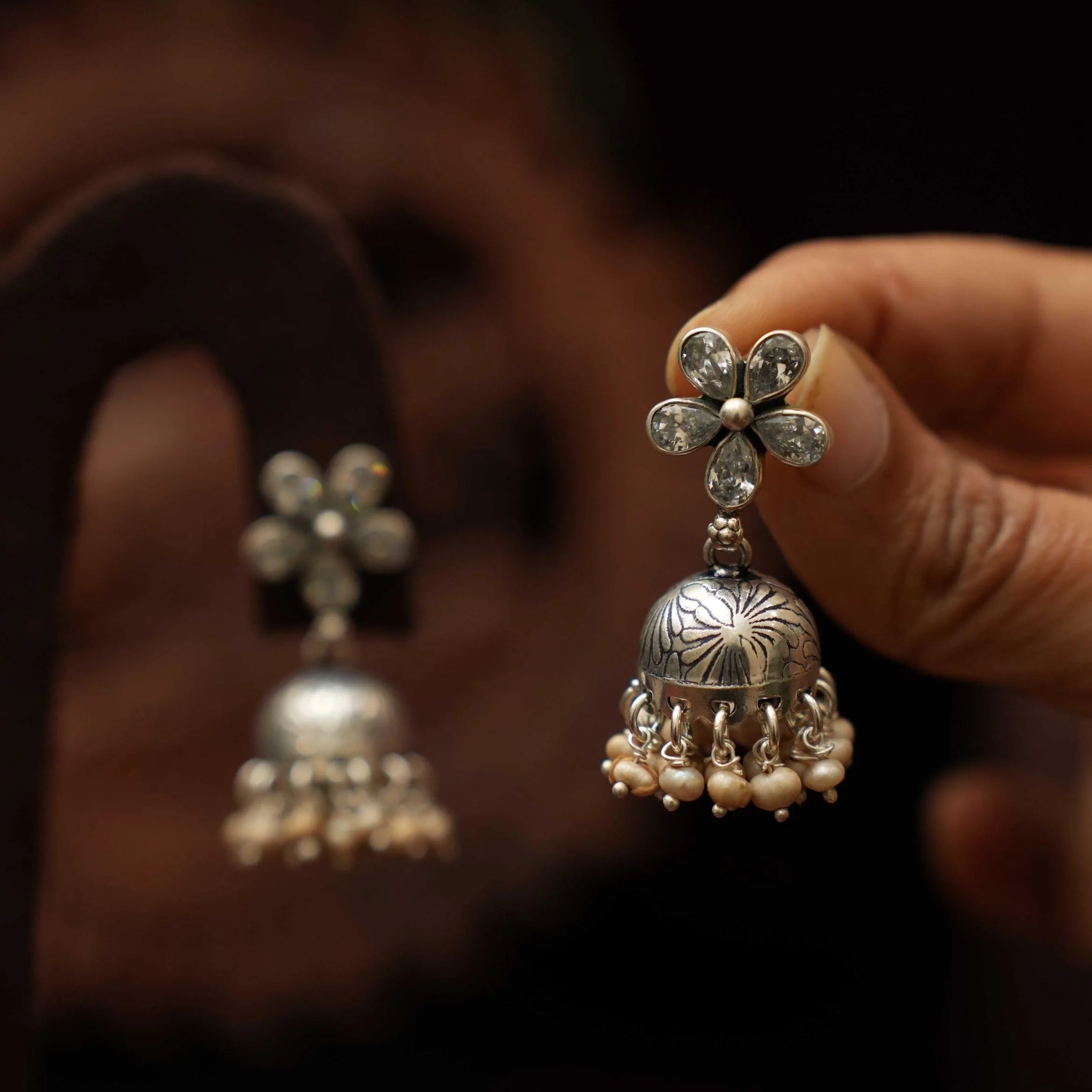 Aamani Silver Jhumka Earrings - Yagaana