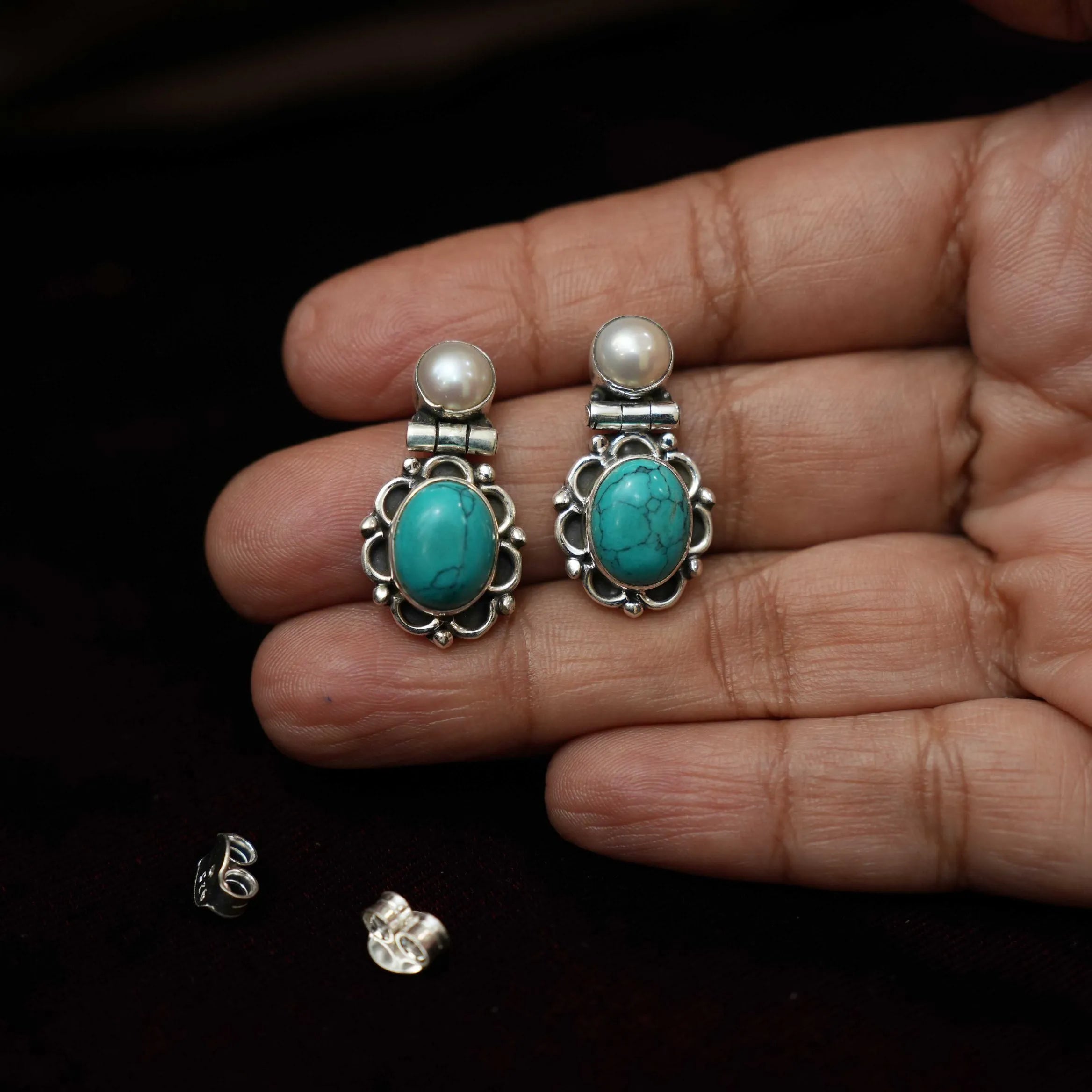 Aarthiya Silver Oxidised Earring - Turquoise