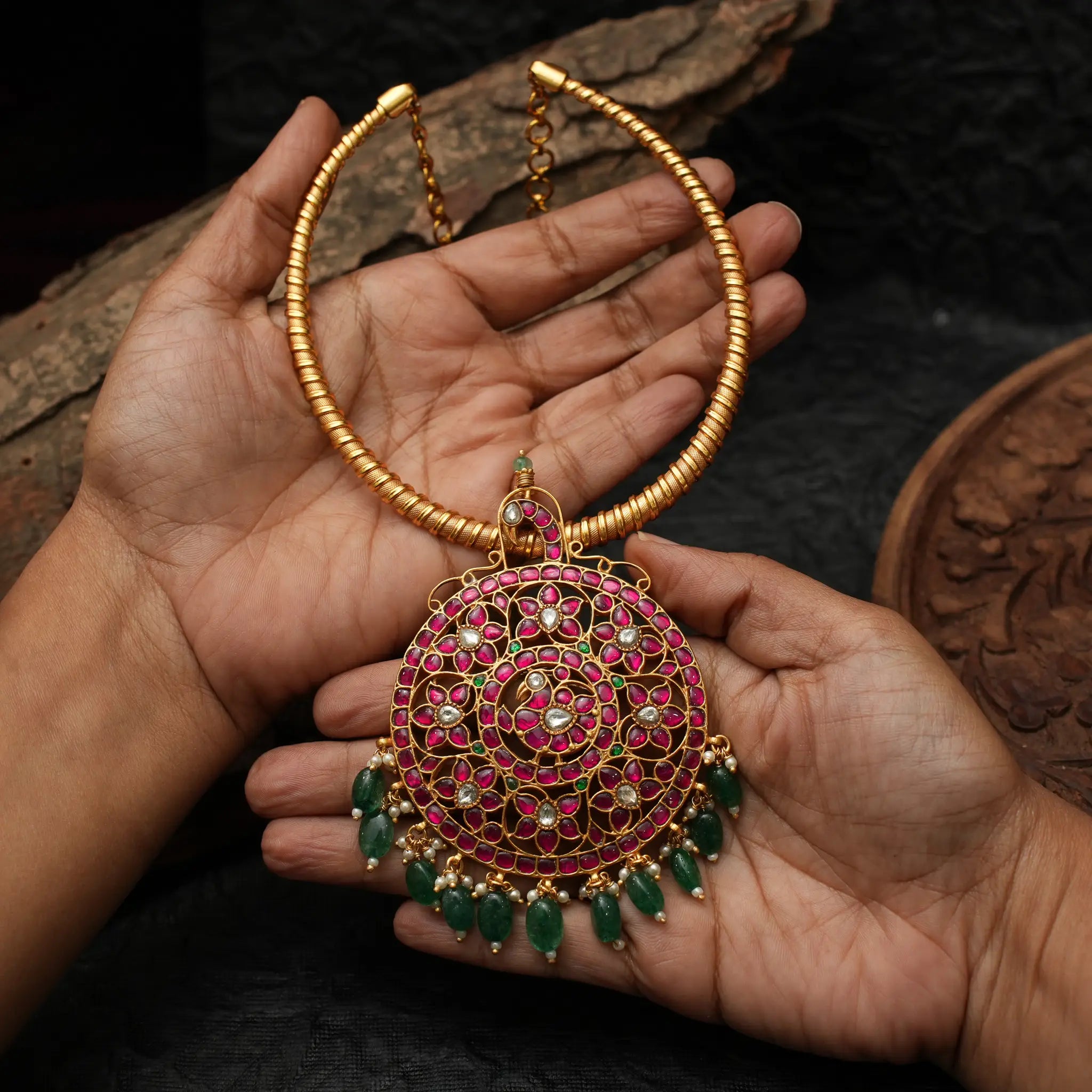 Amodini Silver Hasli Necklace - Green Beads