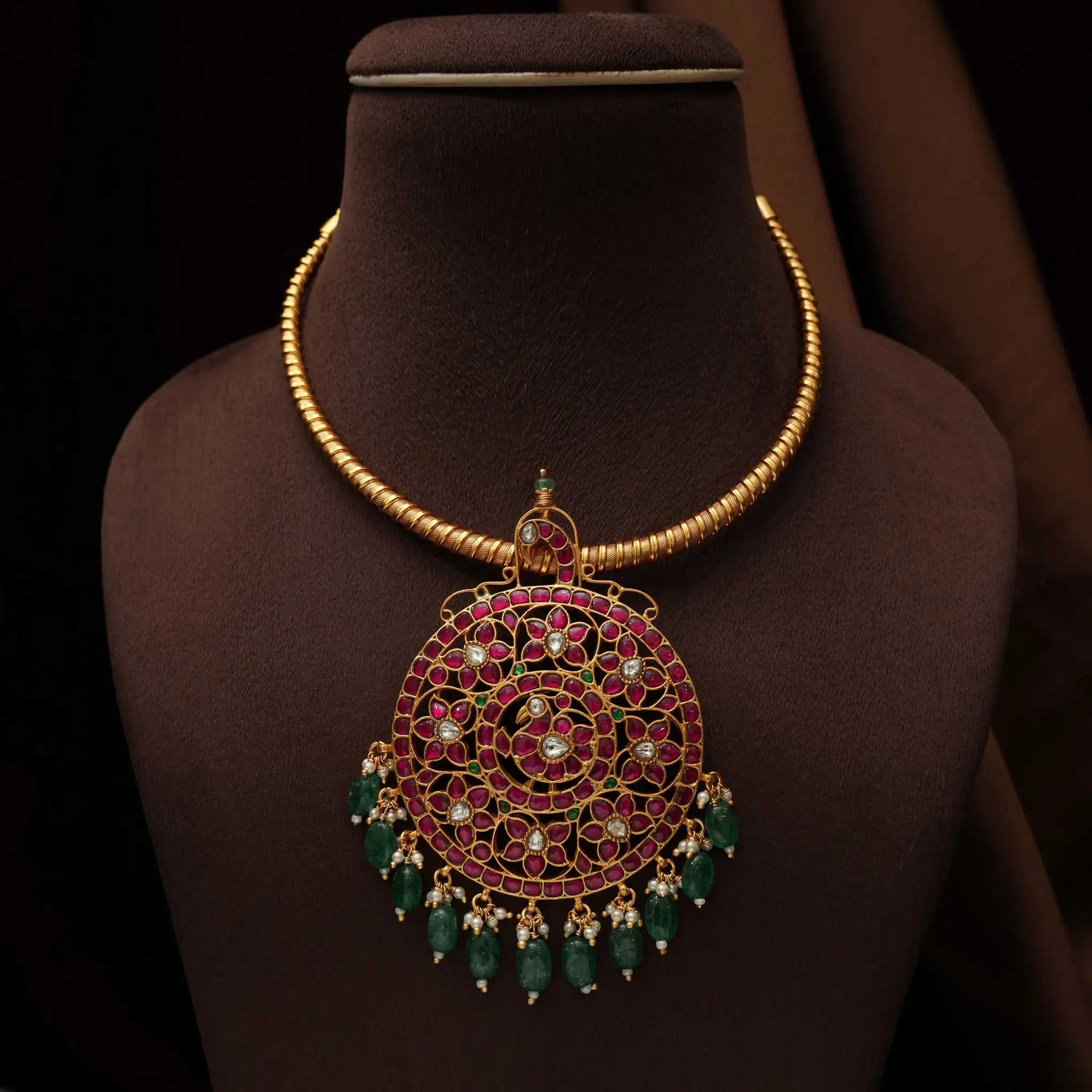 Amodini Silver Hasli Necklace - Green Beads