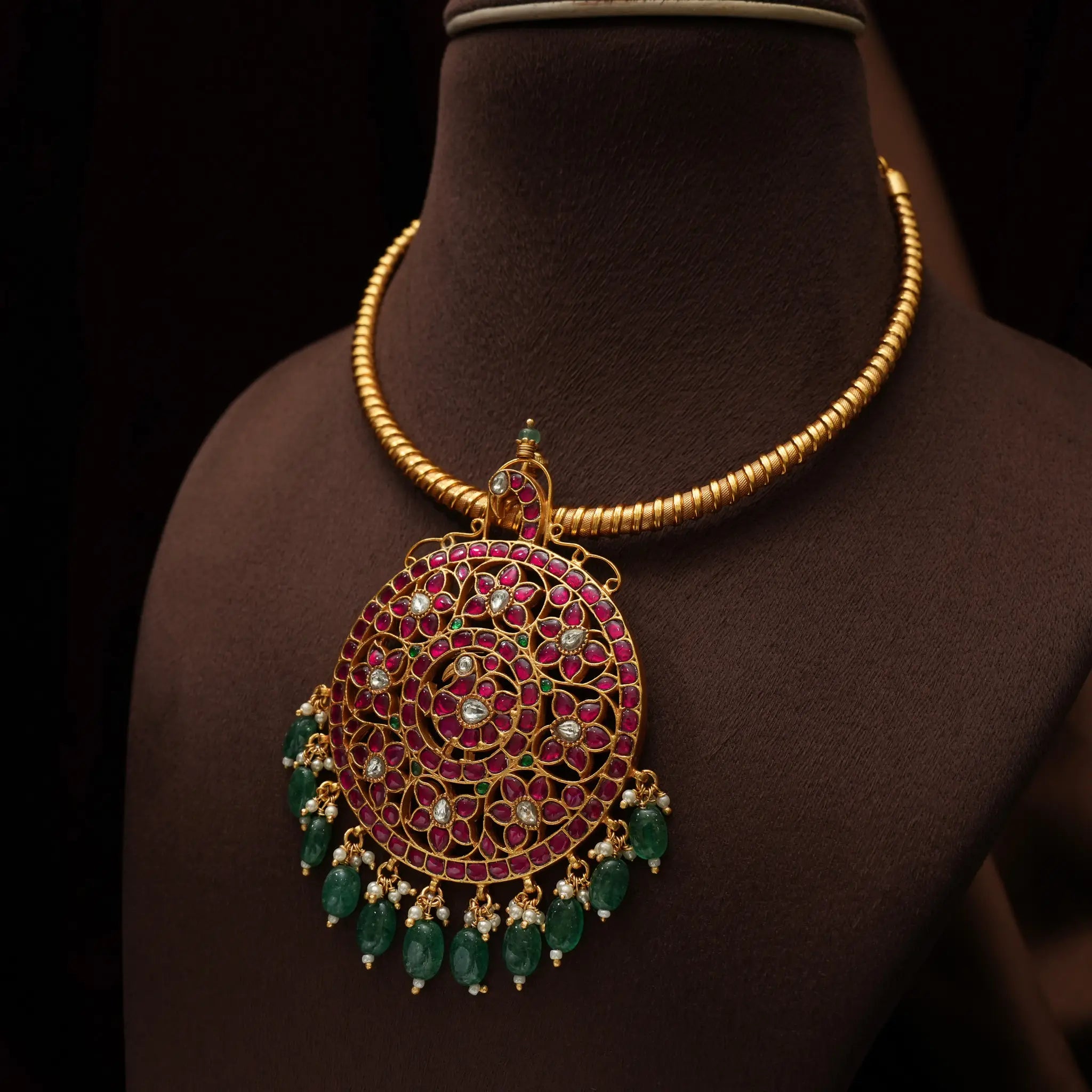 Amodini Silver Hasli Necklace - Green Beads
