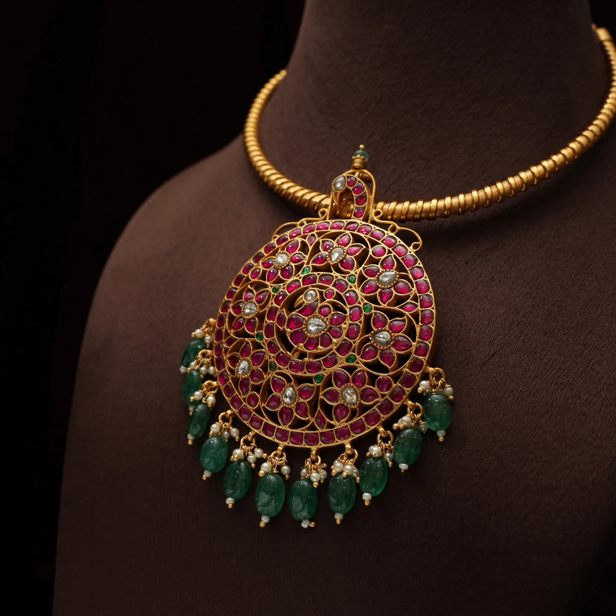 Amodini Silver Hasli Necklace - Green Beads