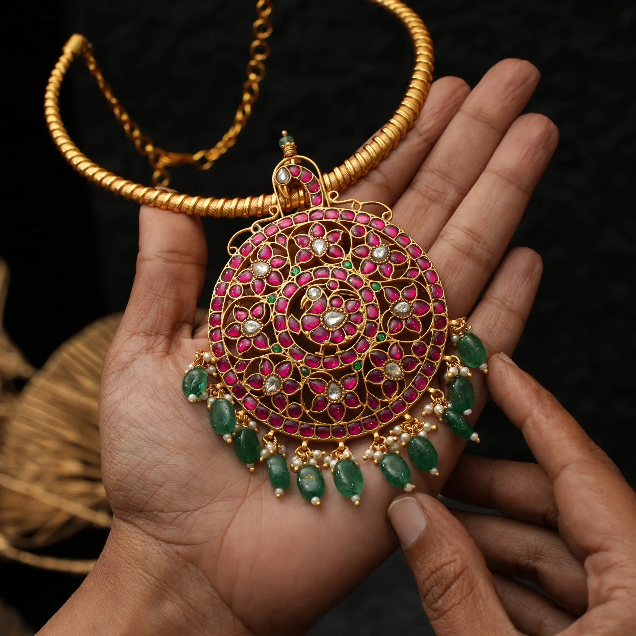 Amodini Silver Hasli Necklace - Green Beads