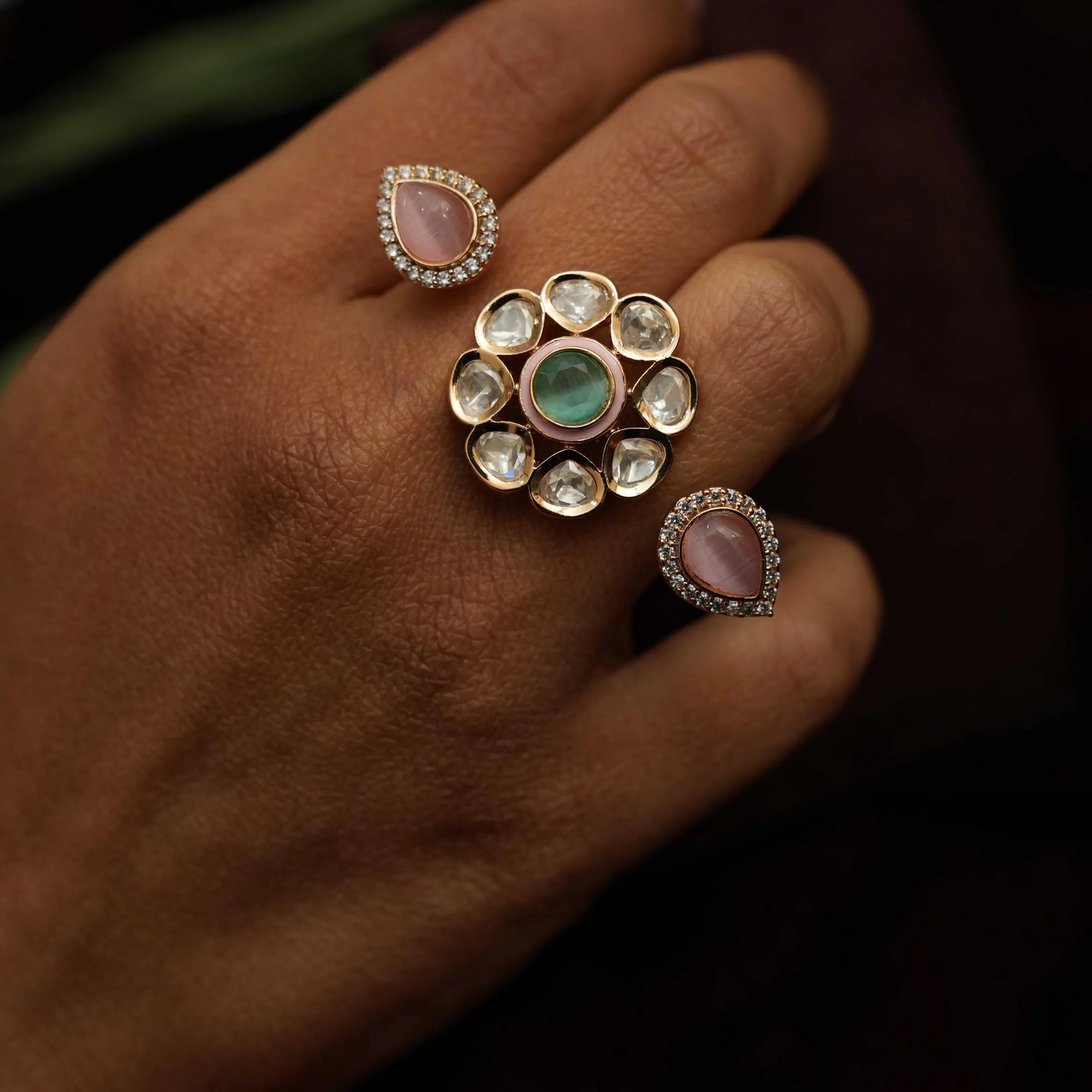 Amrita Polki Ring  - Pastel Green & Pink