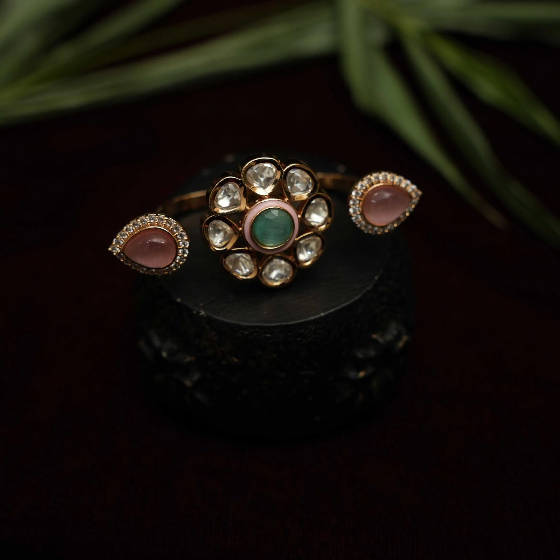 Amrita Polki Ring  - Pastel Green & Pink