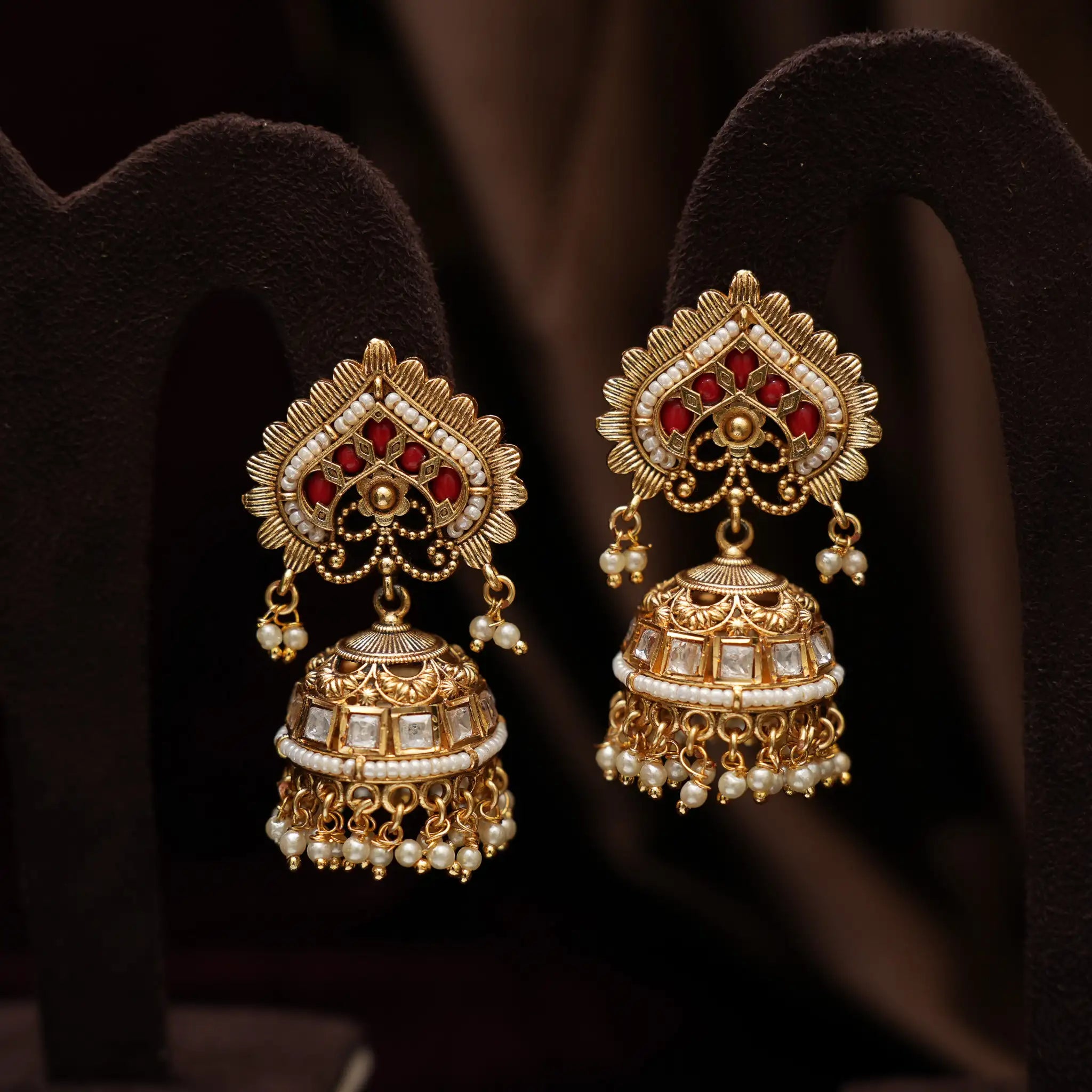 Anagha Polki Jhumka Earrings - Coral