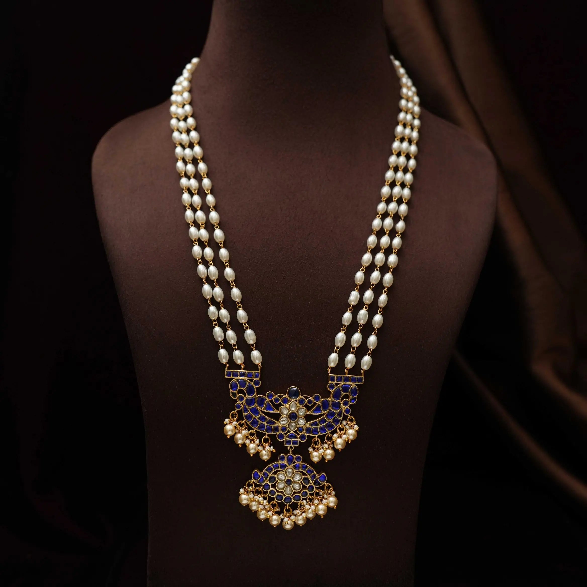 Anvika Pearl Polki Necklace - Blue