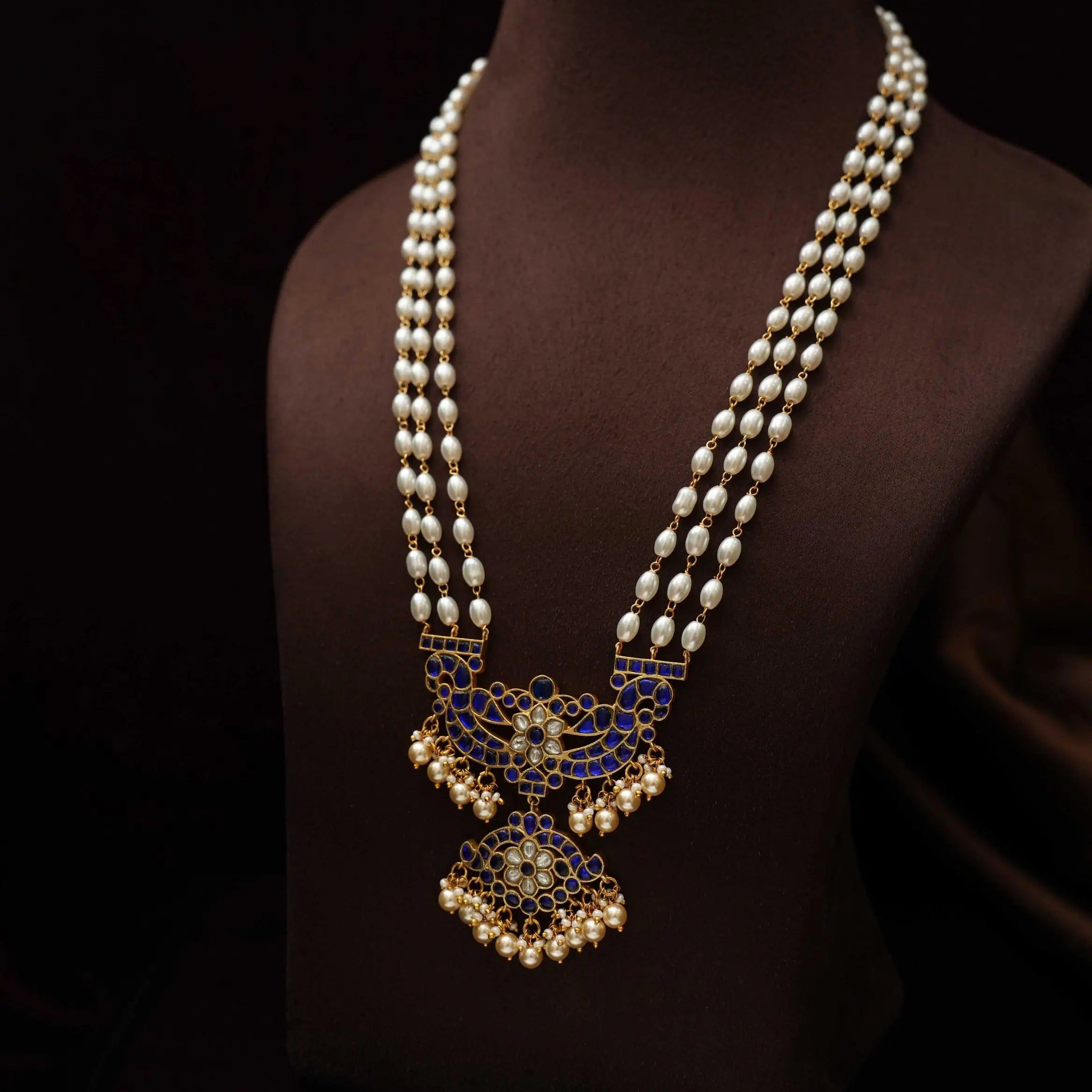 Anvika Pearl Polki Necklace - Blue