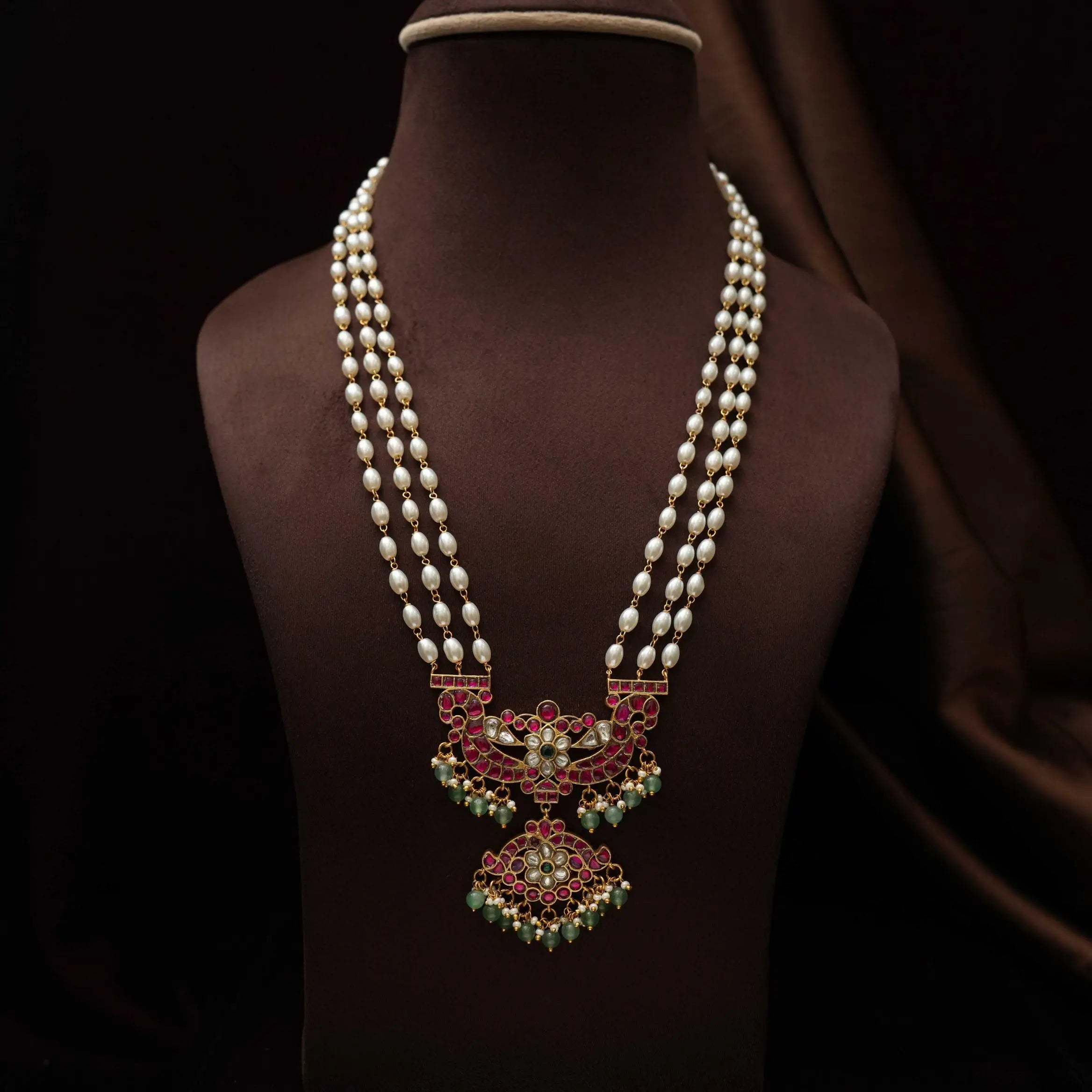 Anvika Pearl Polki Necklace - Red