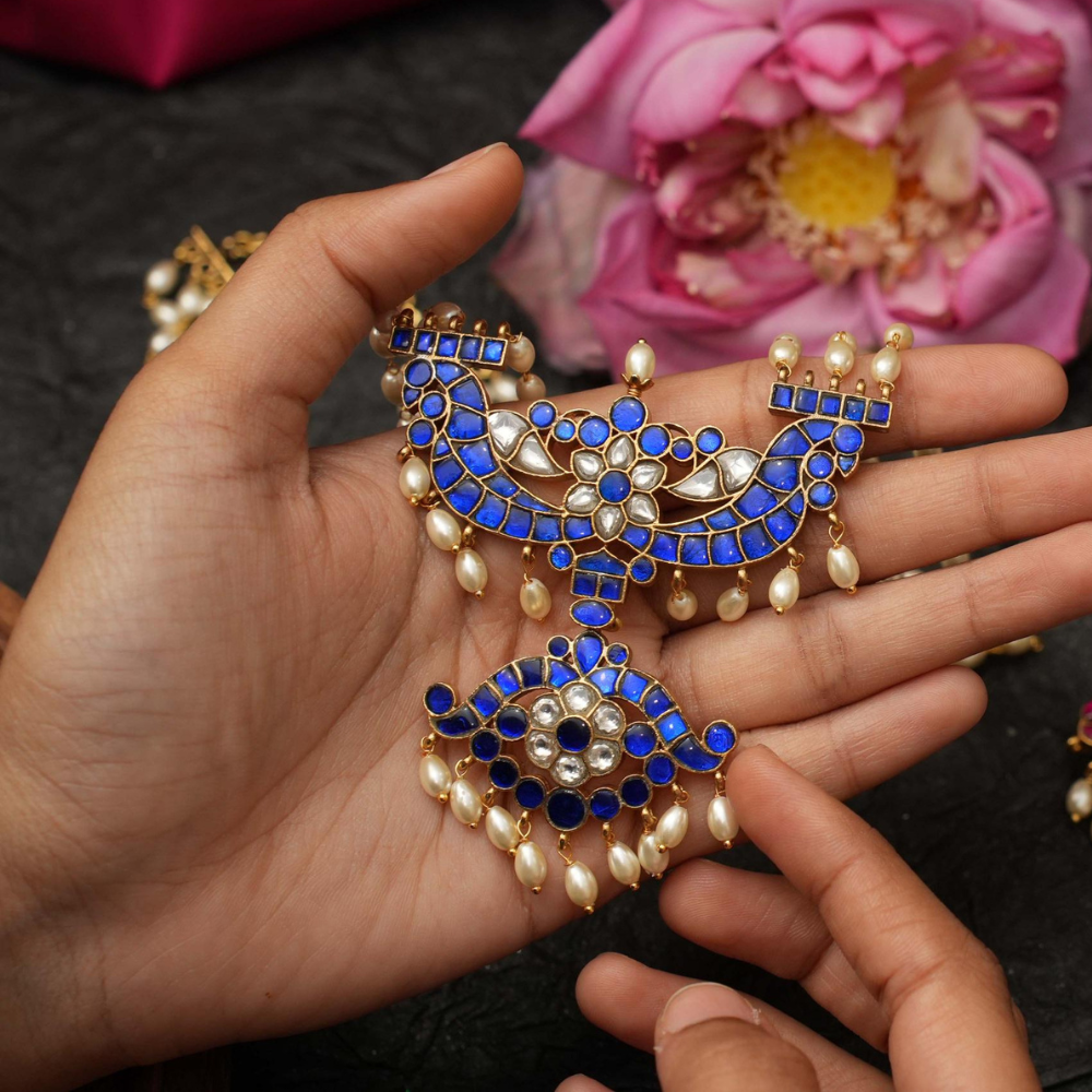 Anvika Pearl Polki Necklace - Blue