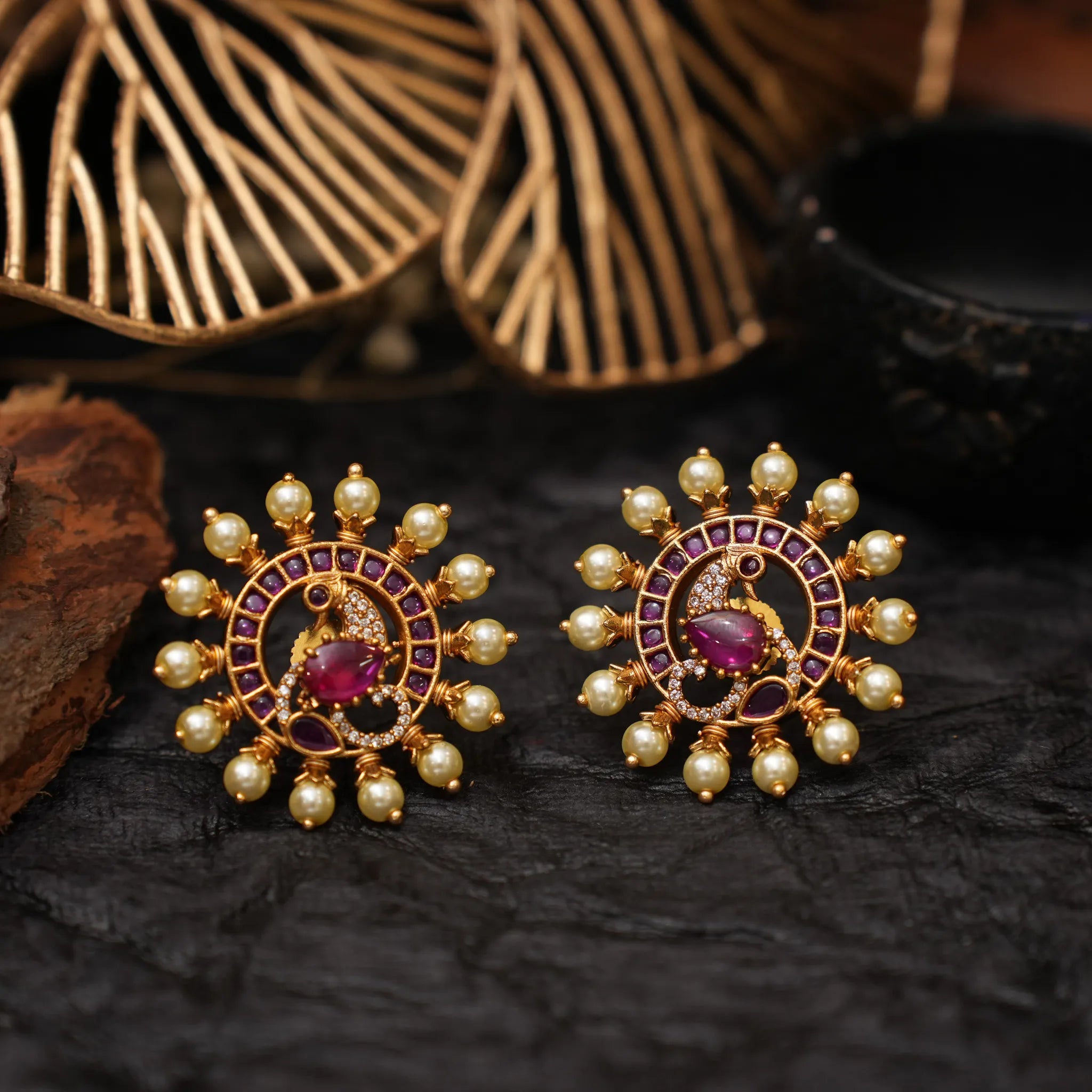 Anvita Antique Ear Stud - Reddish Pink