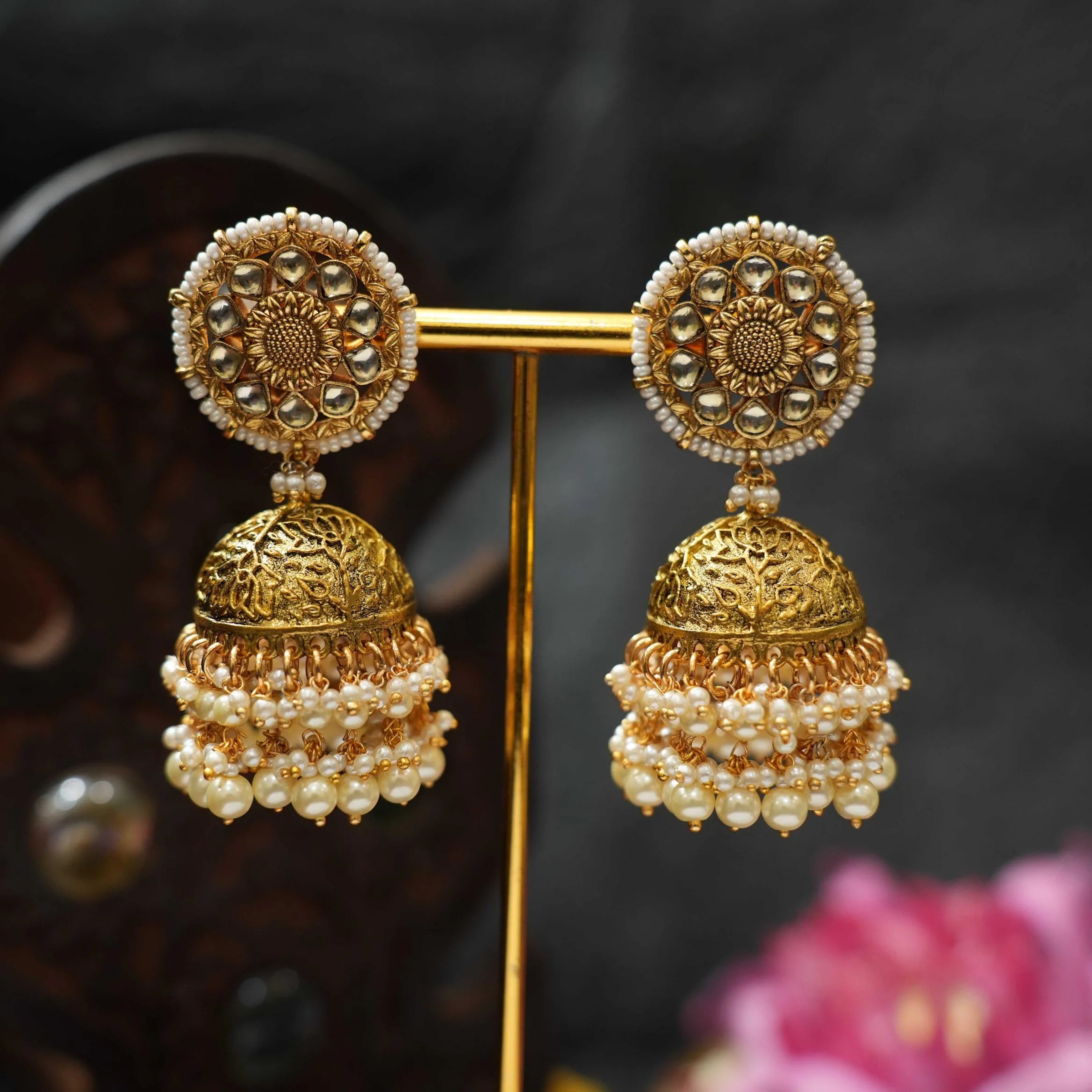 Arja Polki Jhumka Earrings - Golden Pearl - Rimli Boutique