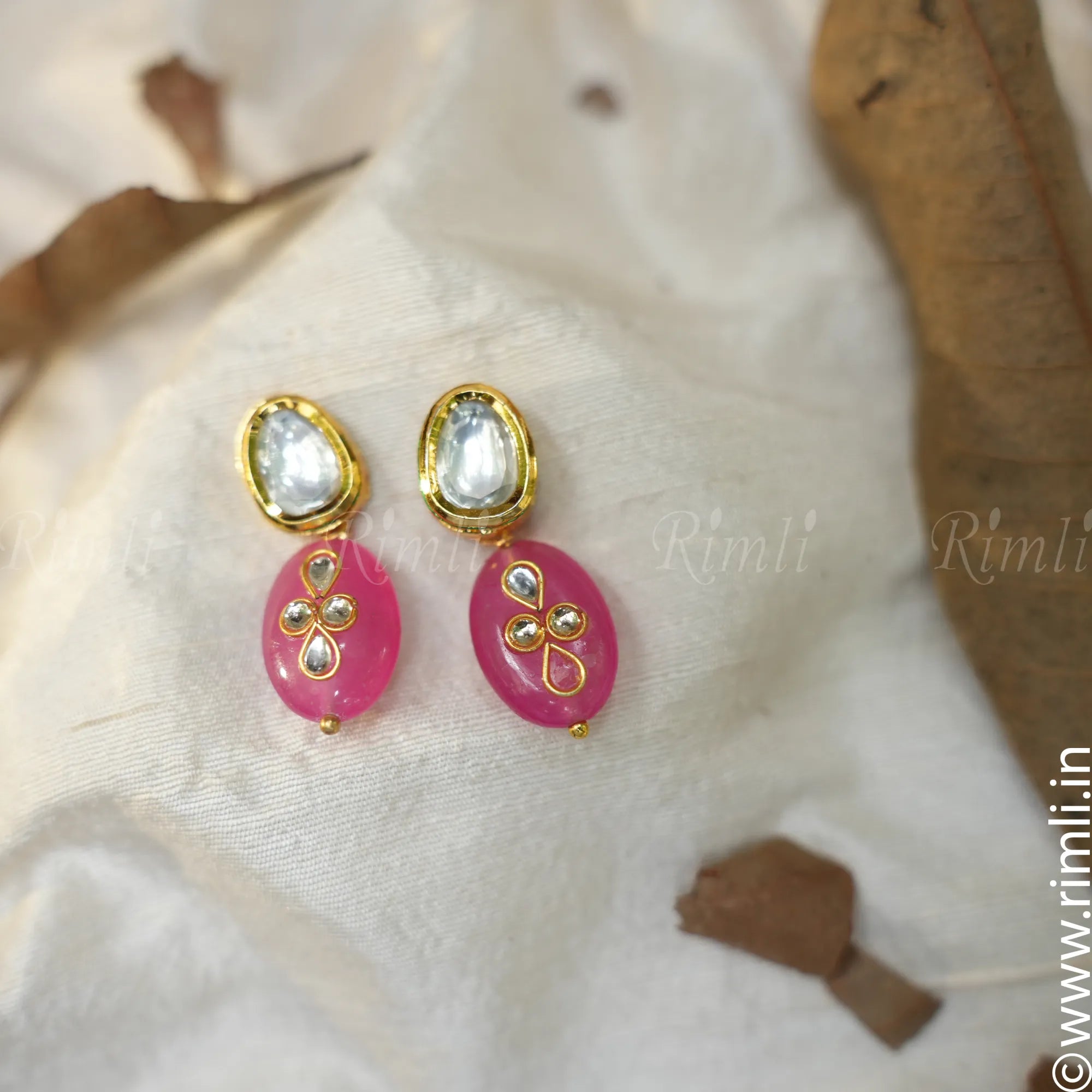 Floral Kundan Earrings - Baby Pink