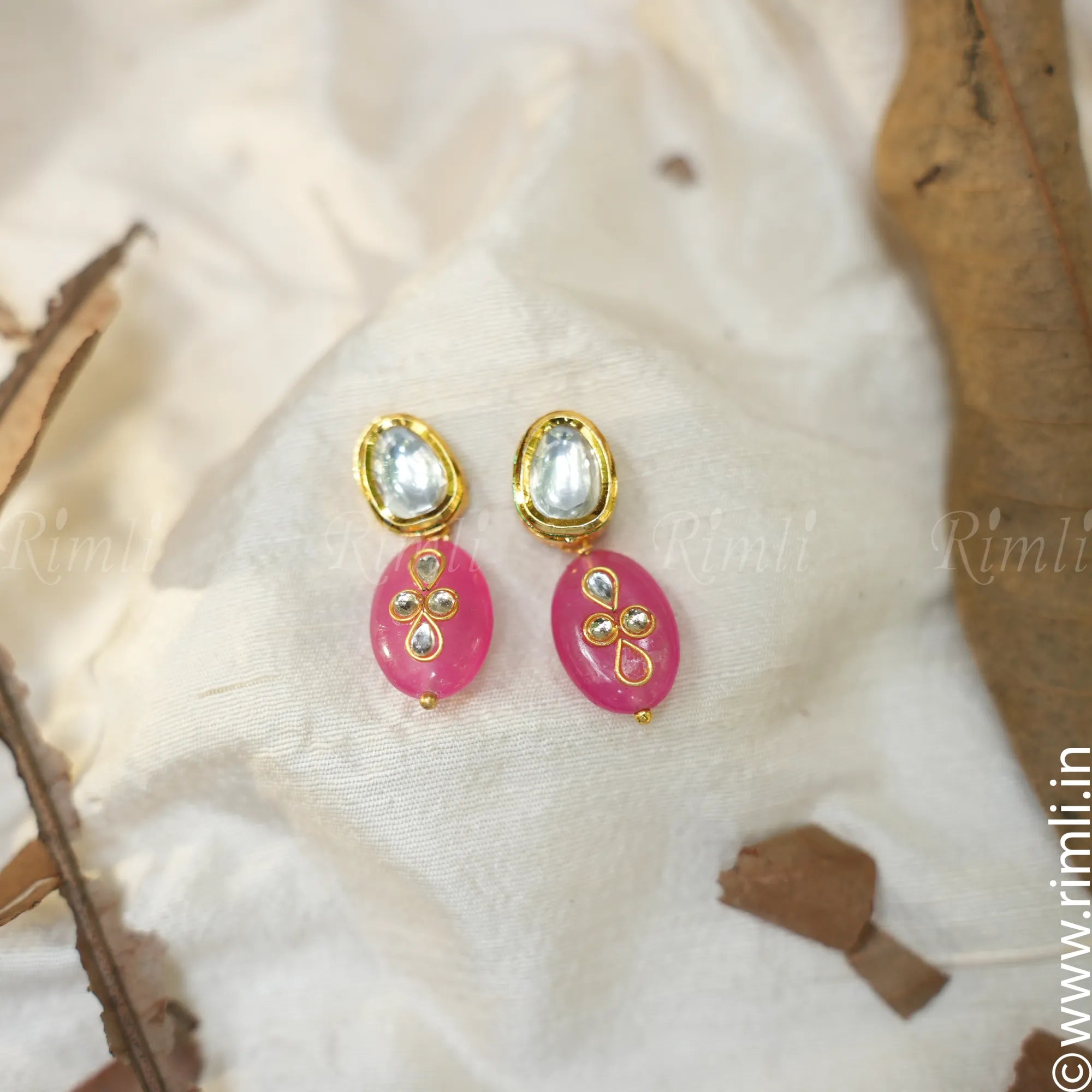 Floral Kundan Earrings - Baby Pink