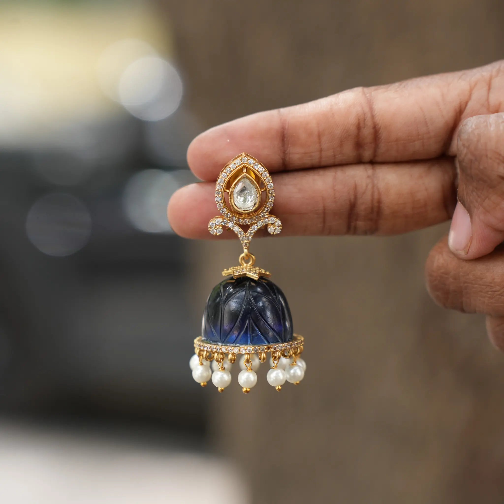 Bhavika Polki Jhumka Earrings - Blue