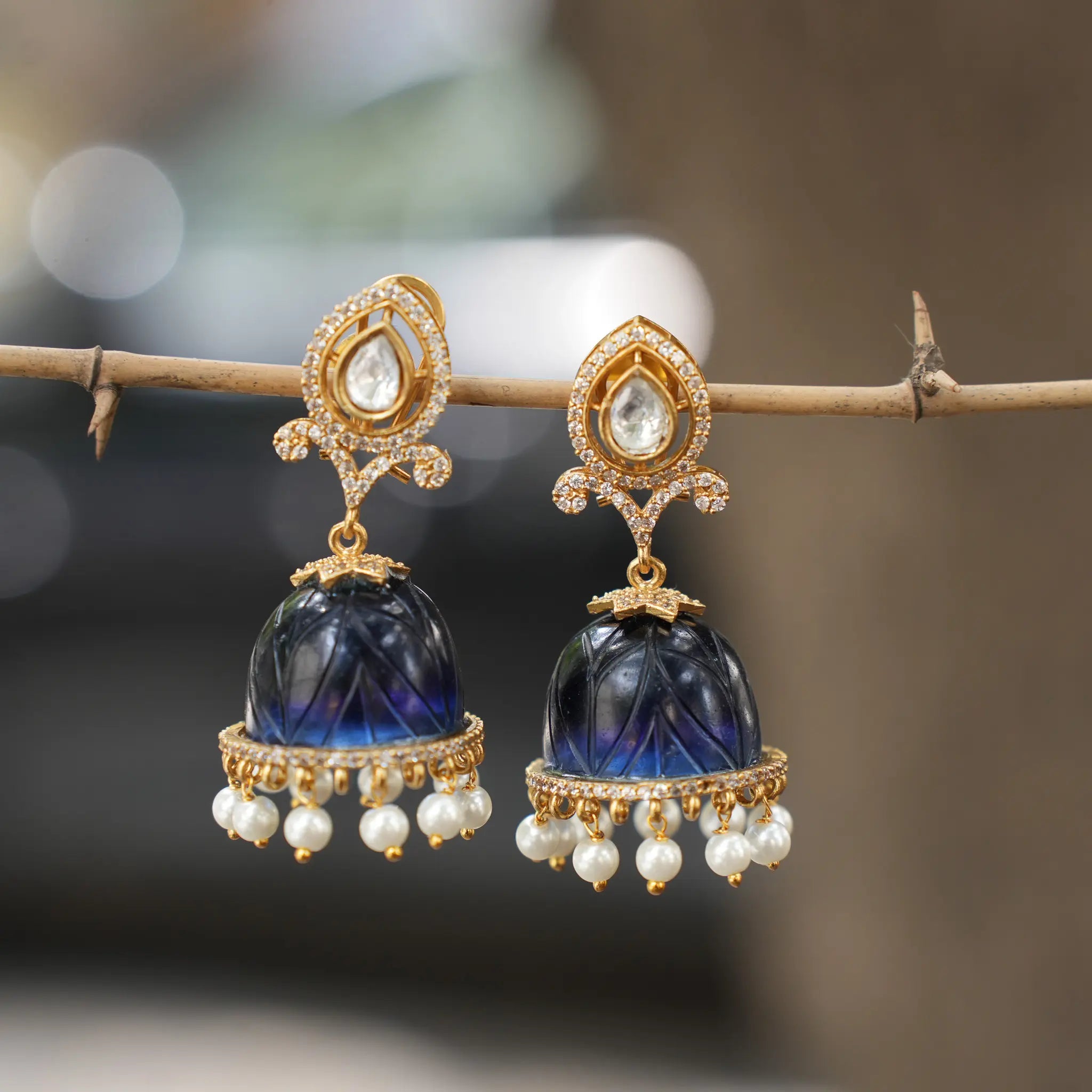 Bhavika Polki Jhumka Earrings - Blue