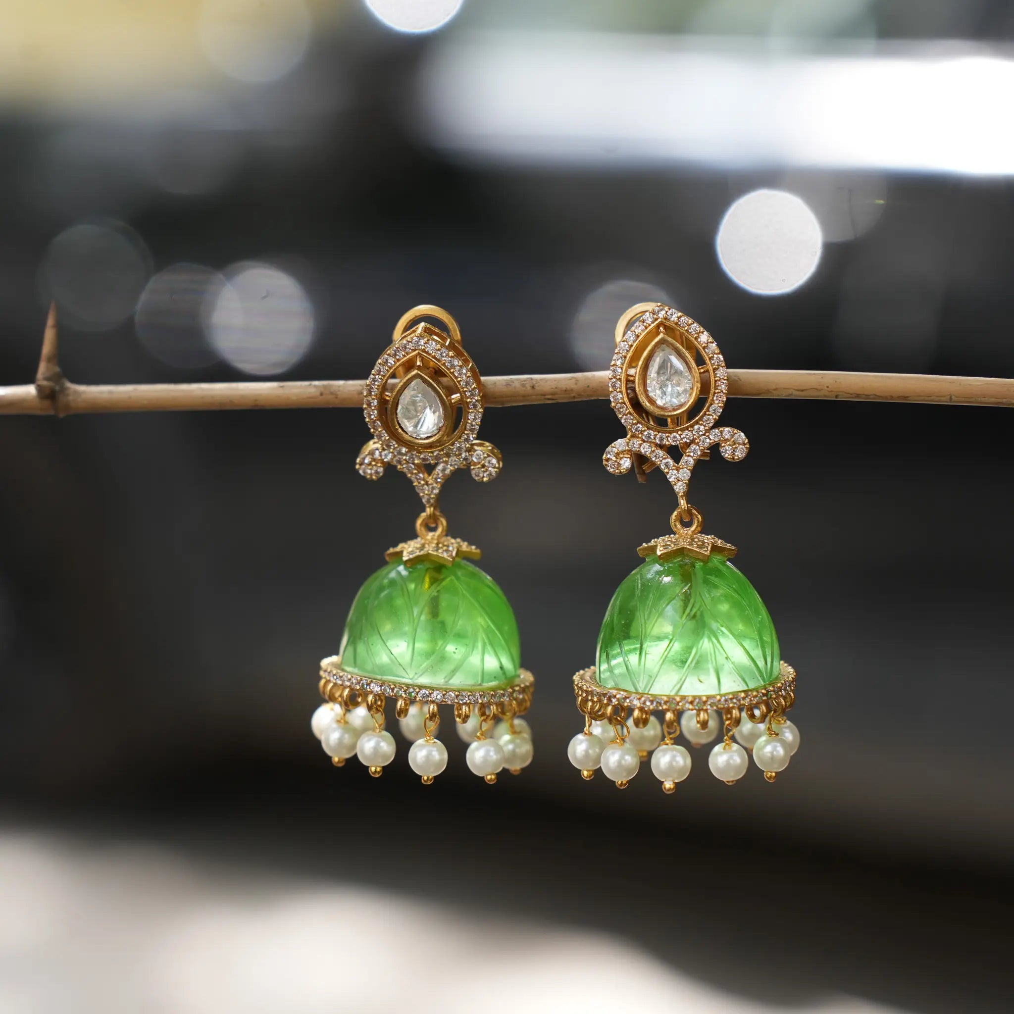 Bhavika Polki Jhumka Earrings - Pastel Green