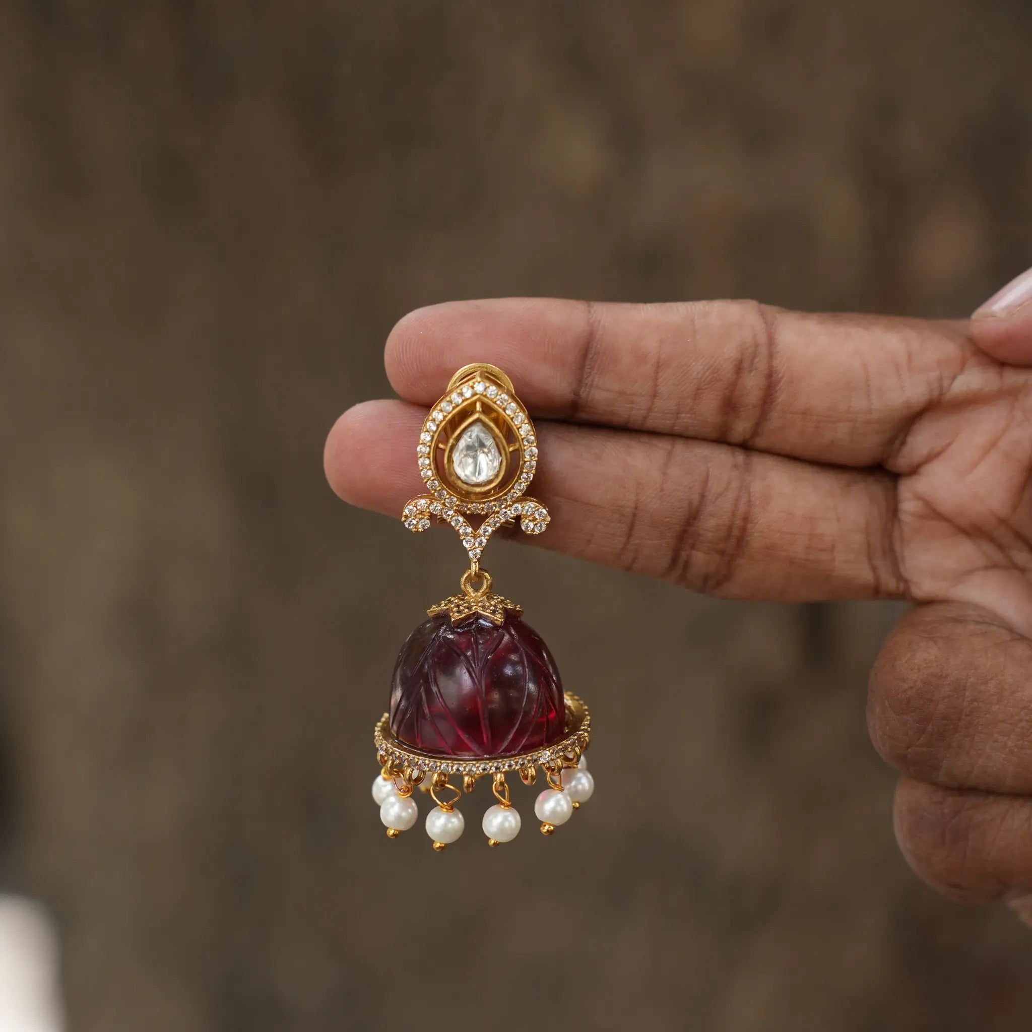 Bhavika Polki Jhumka Earrings - Red