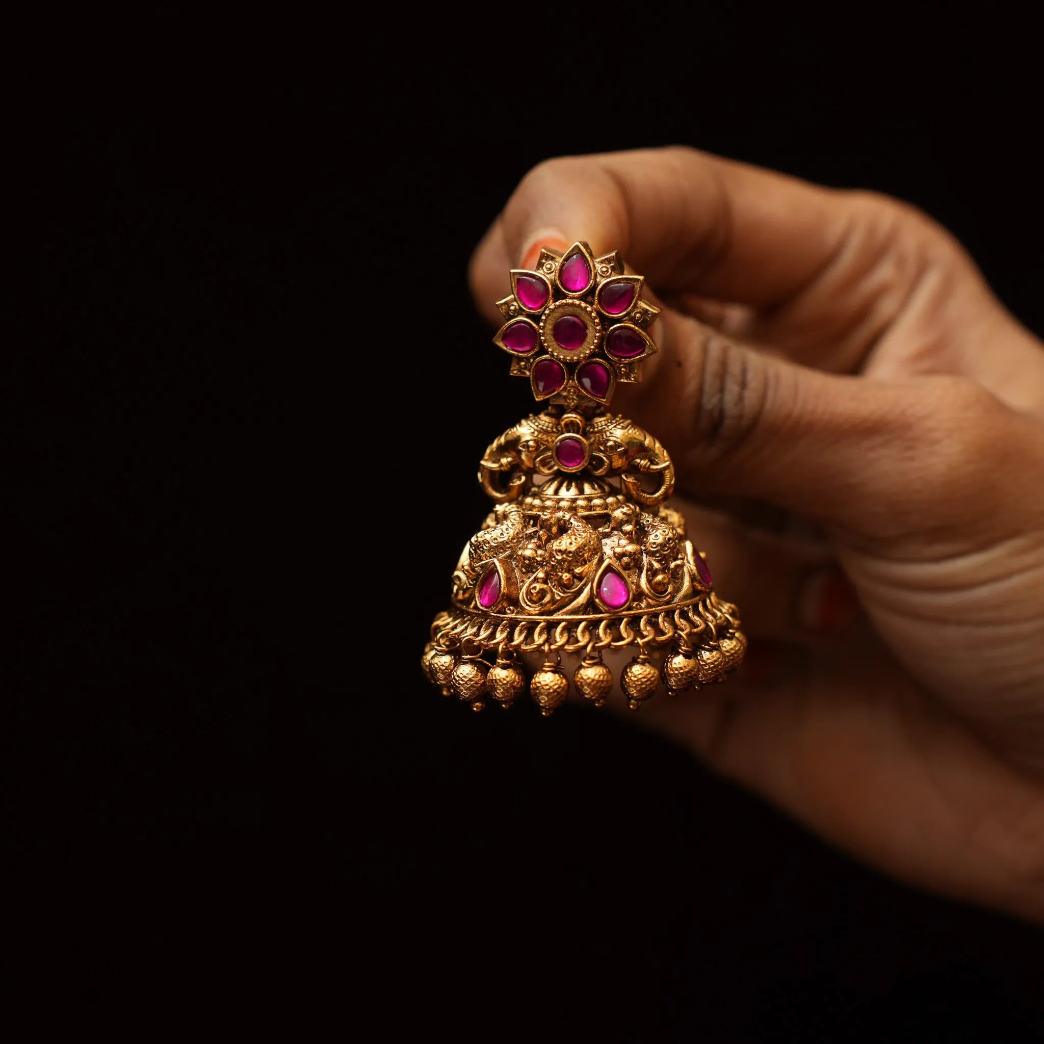 Bhumi Antique Jhumka Earrings - Golden Ball