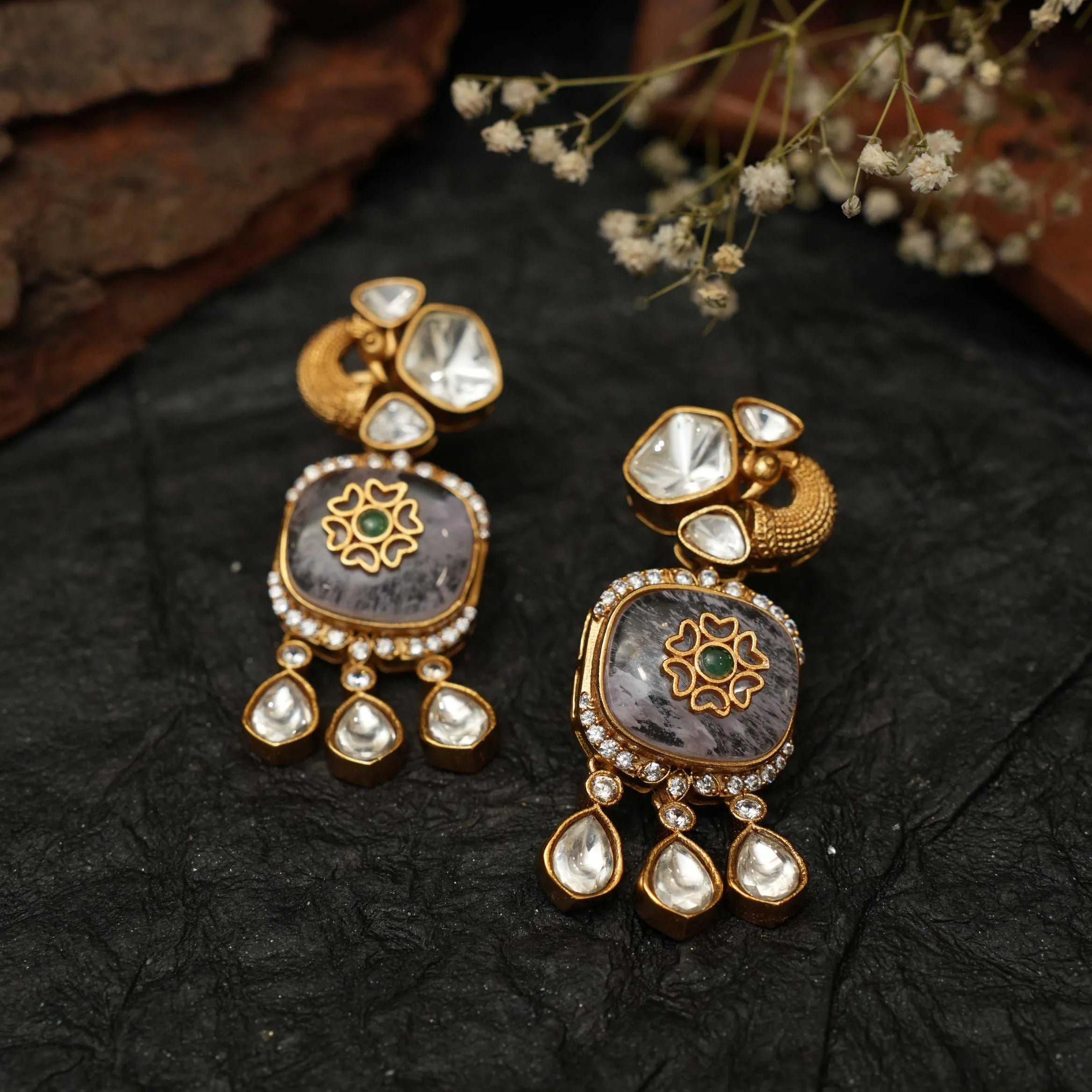 Chahak Polki Designer Earrings - Blue Grey