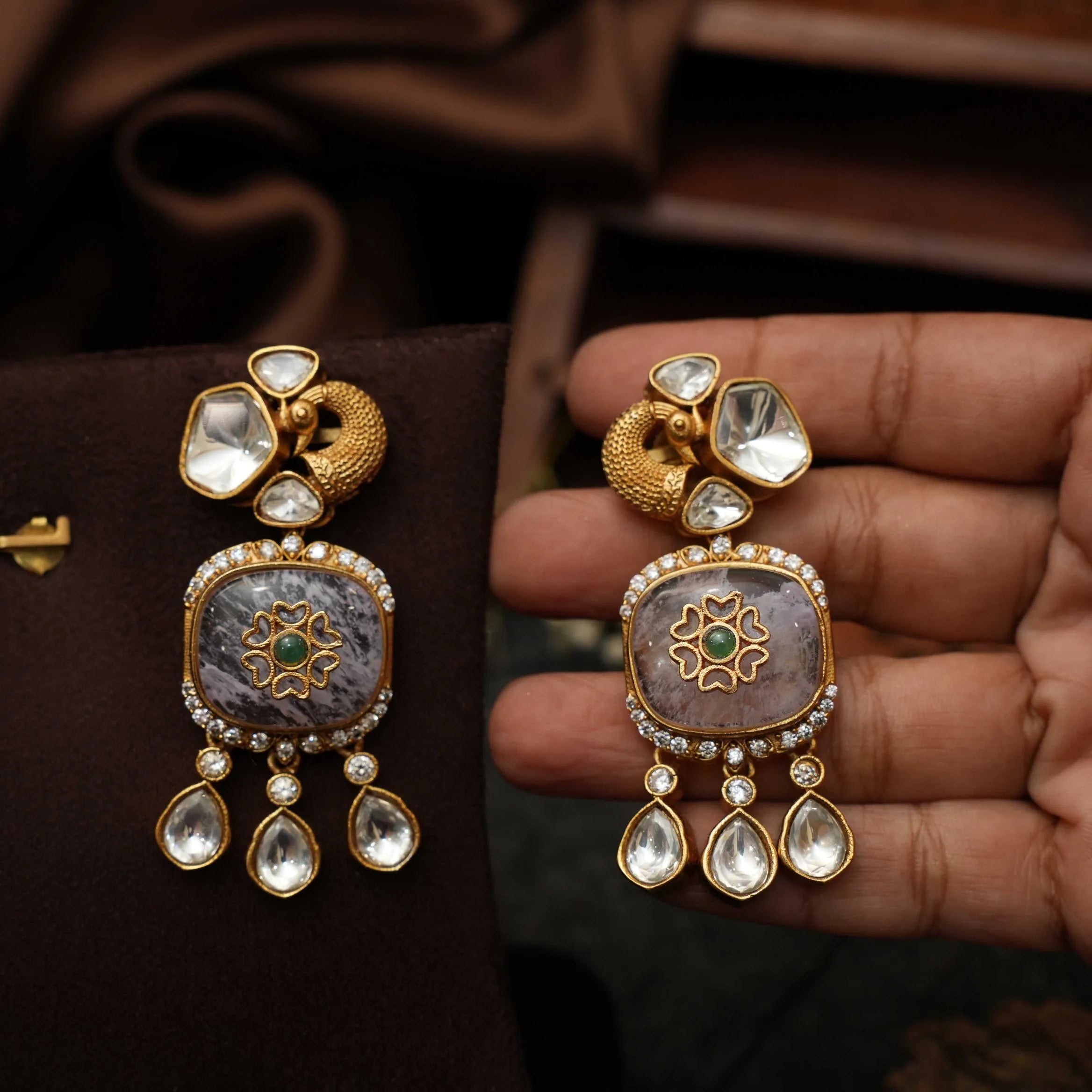 Chahak Polki Designer Earrings - Blue Grey