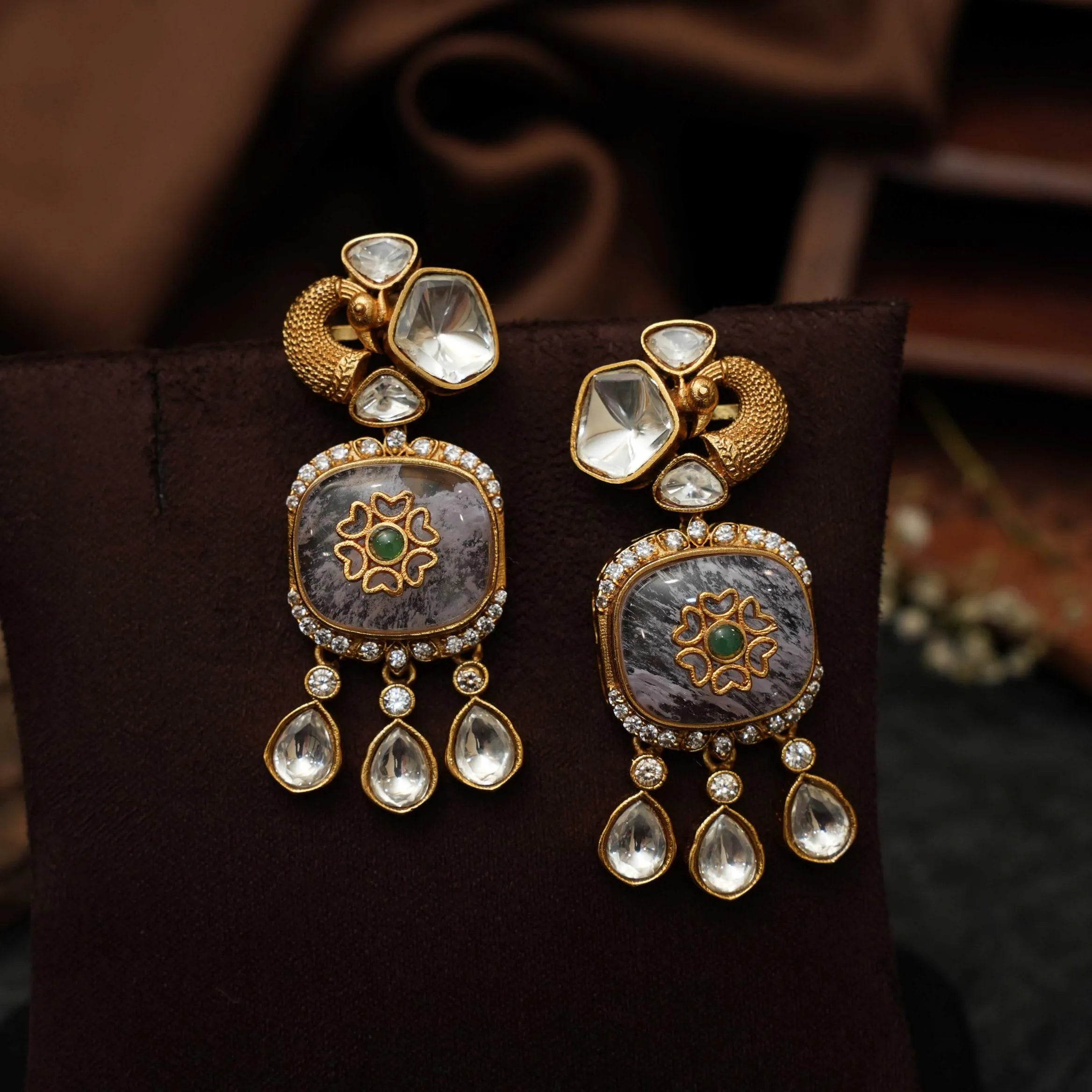 Chahak Polki Designer Earrings - Blue Grey