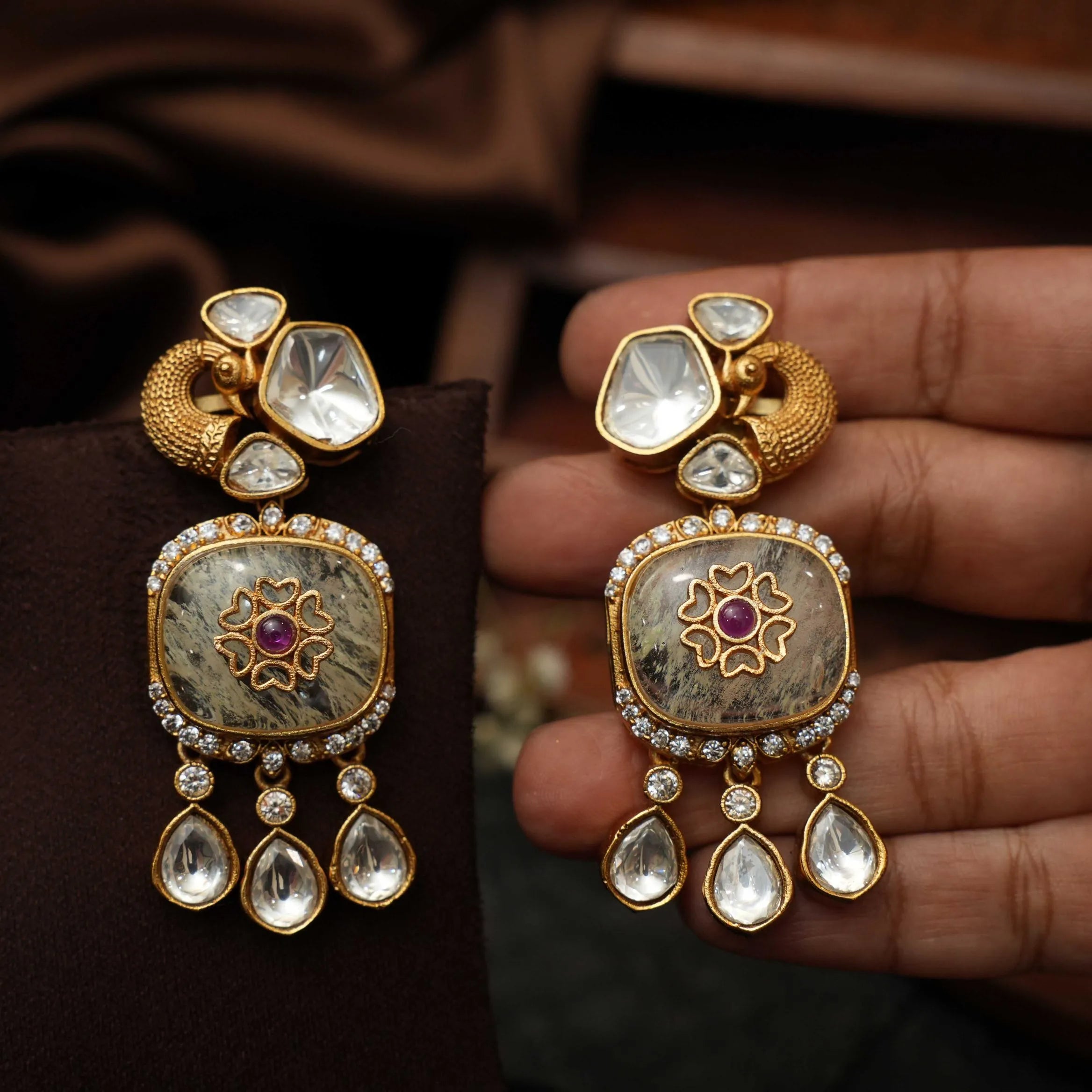 Chahak Polki Designer Earrings - Grey