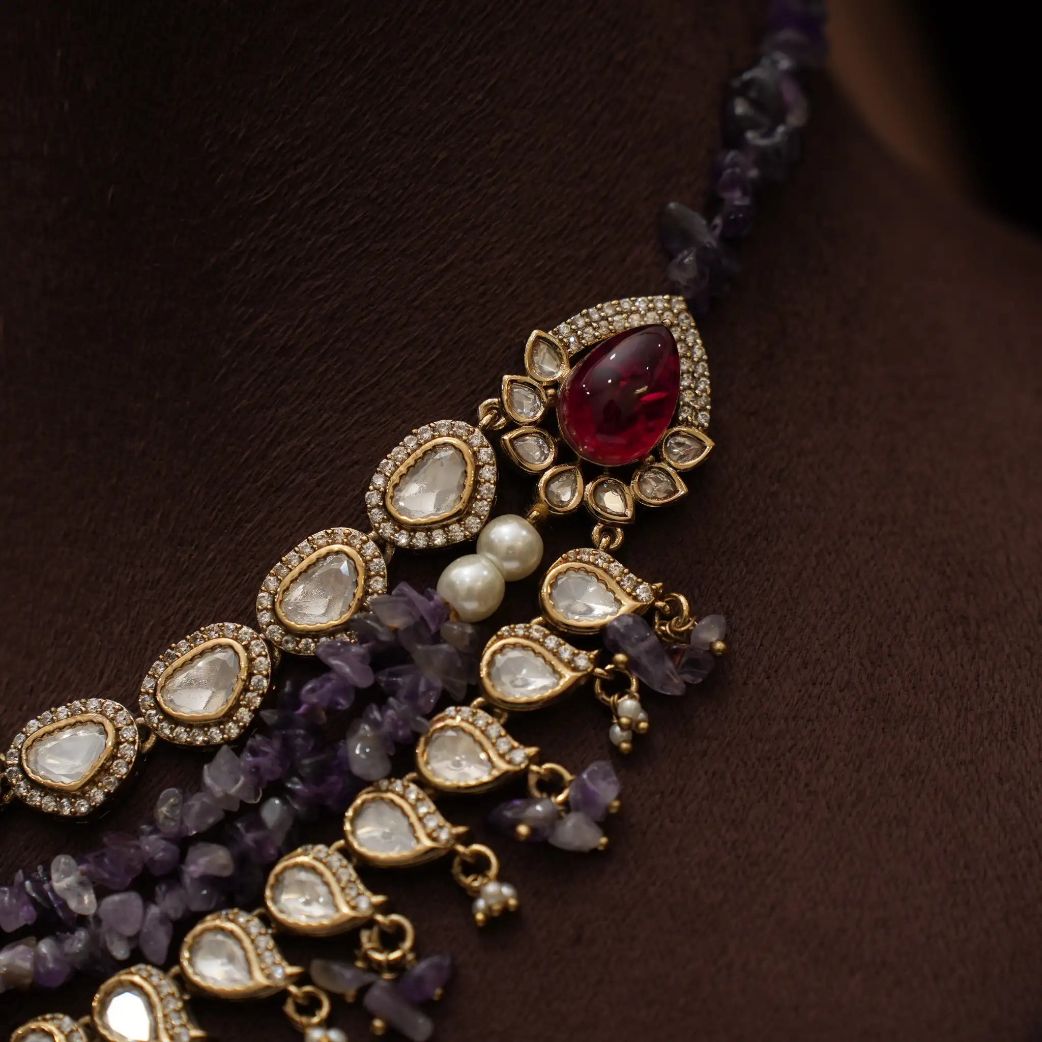 Charu Victorian Polki Necklace - Purple