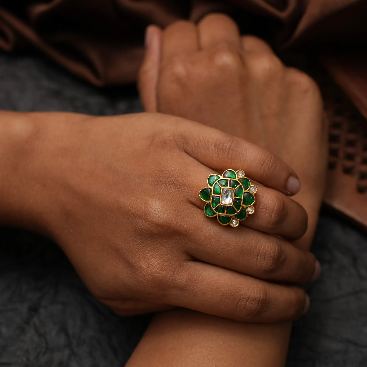 Damyanti Polki Ring - Green and White
