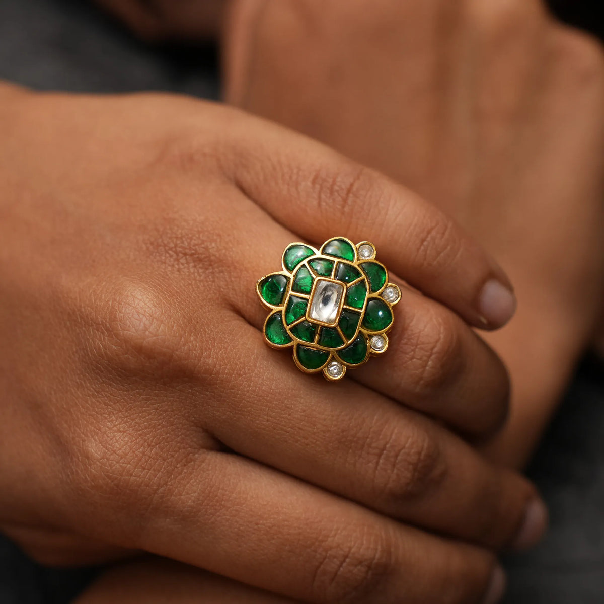 Damyanti Polki Ring - Green and White