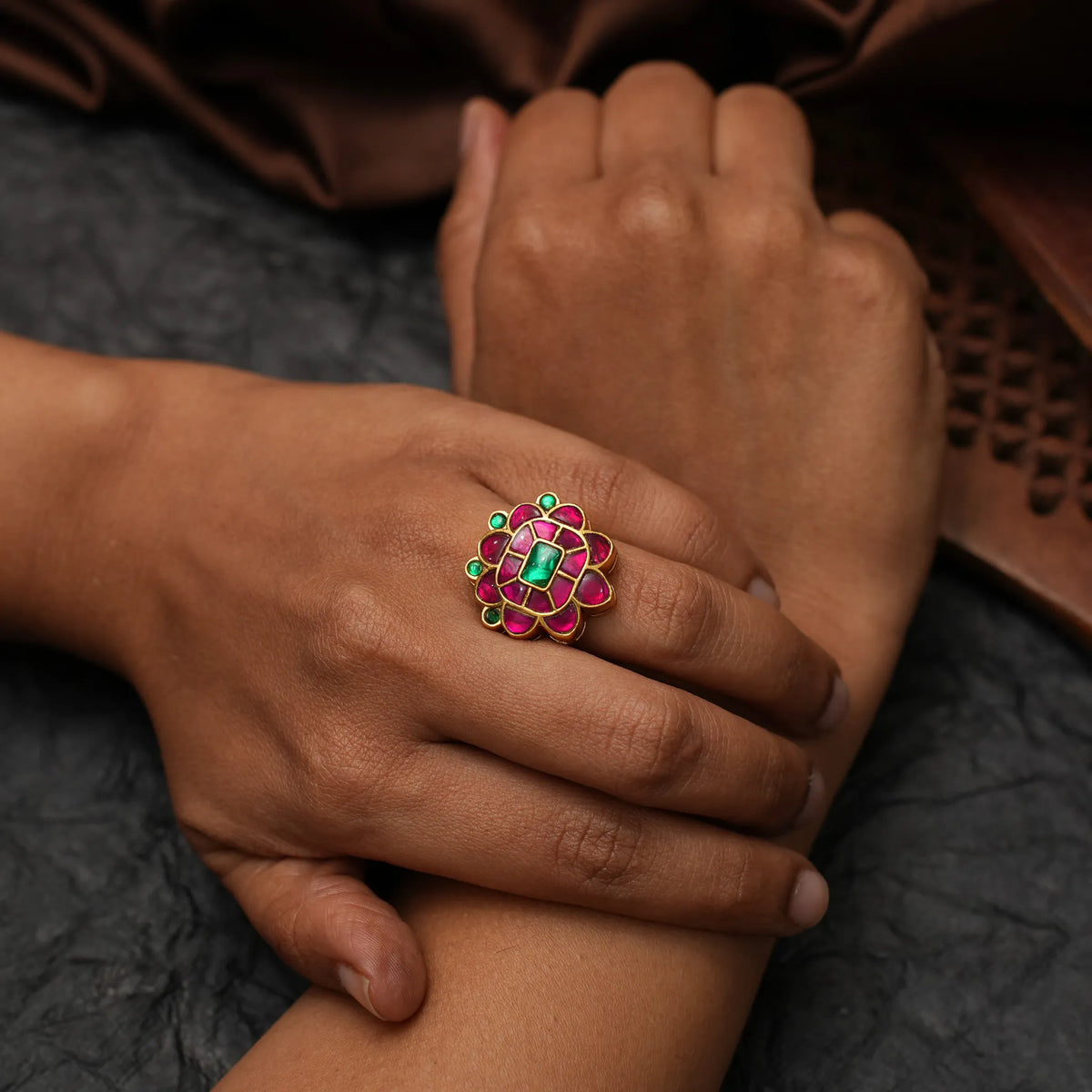 Damyanti Polki Ring - Red and Green