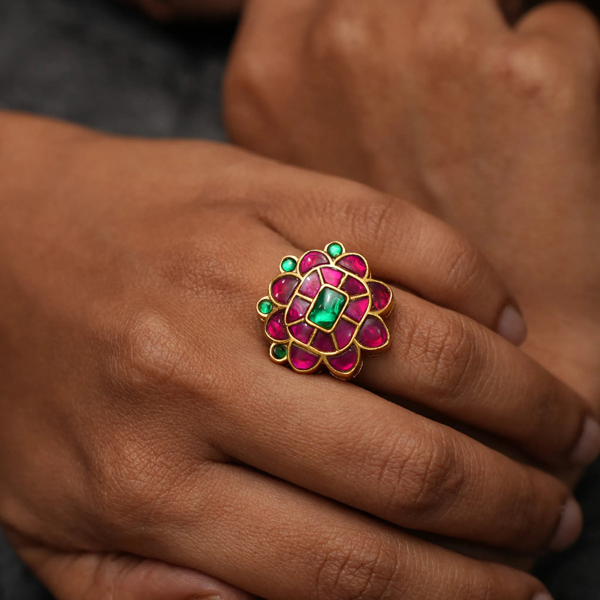 Damyanti Polki Ring - Red and Green