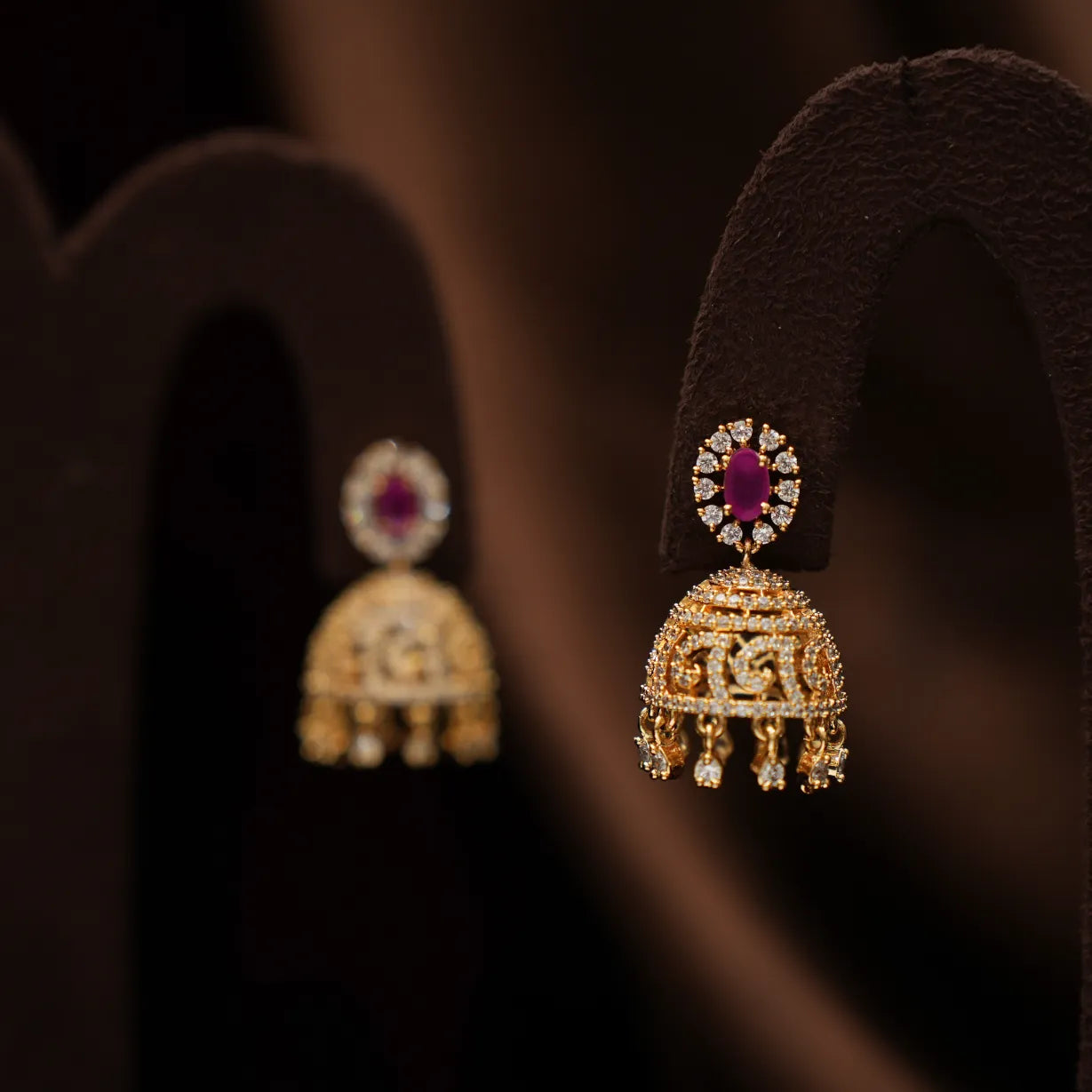 Darcy Zircon Jhumka Earrings - Ruby Pink