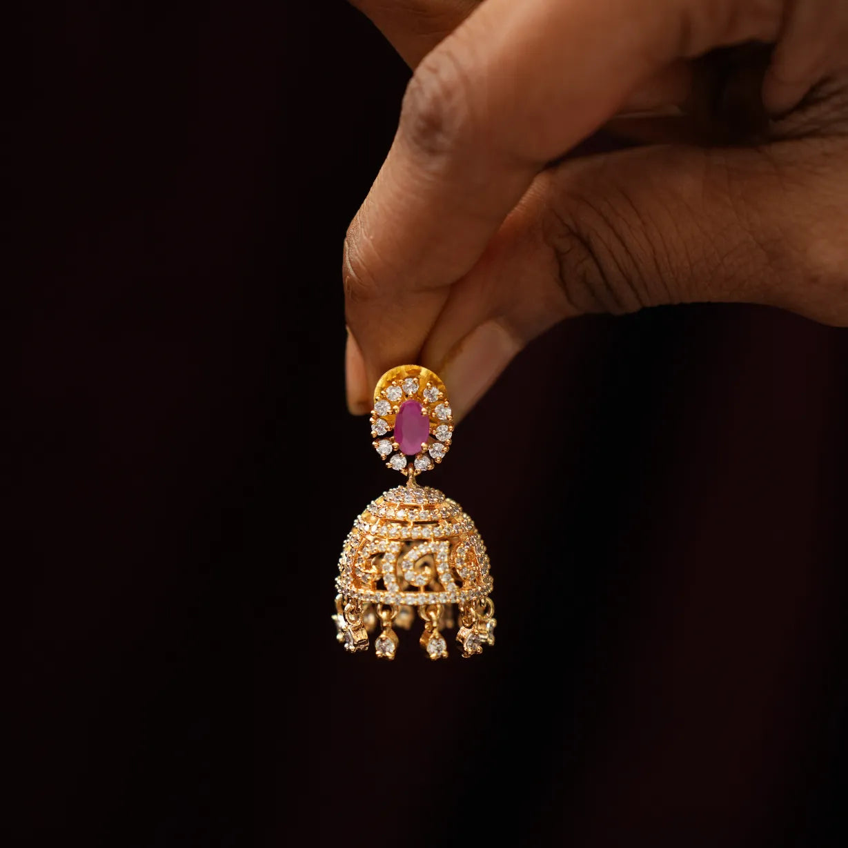 Darcy Zircon Jhumka Earrings - Ruby Pink