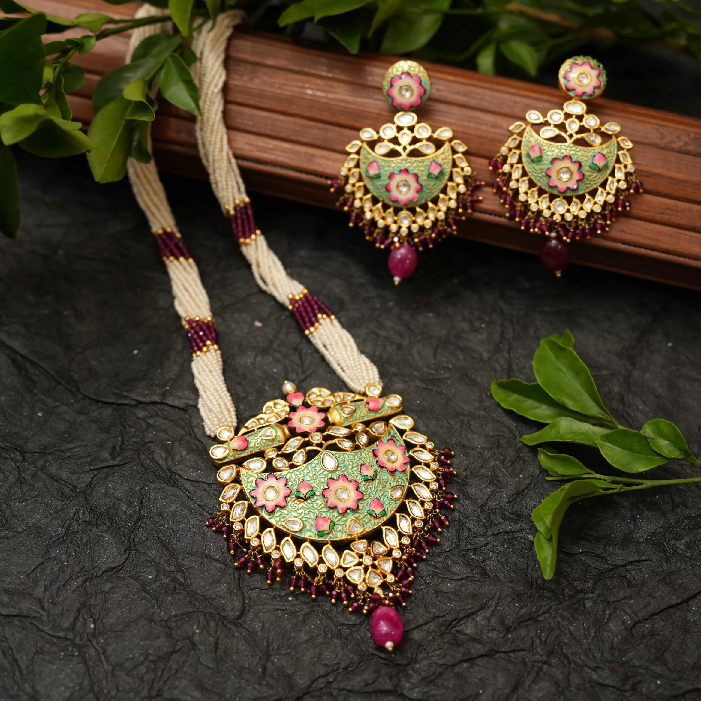 Darsha Pastel Green and Pink Polki Necklace