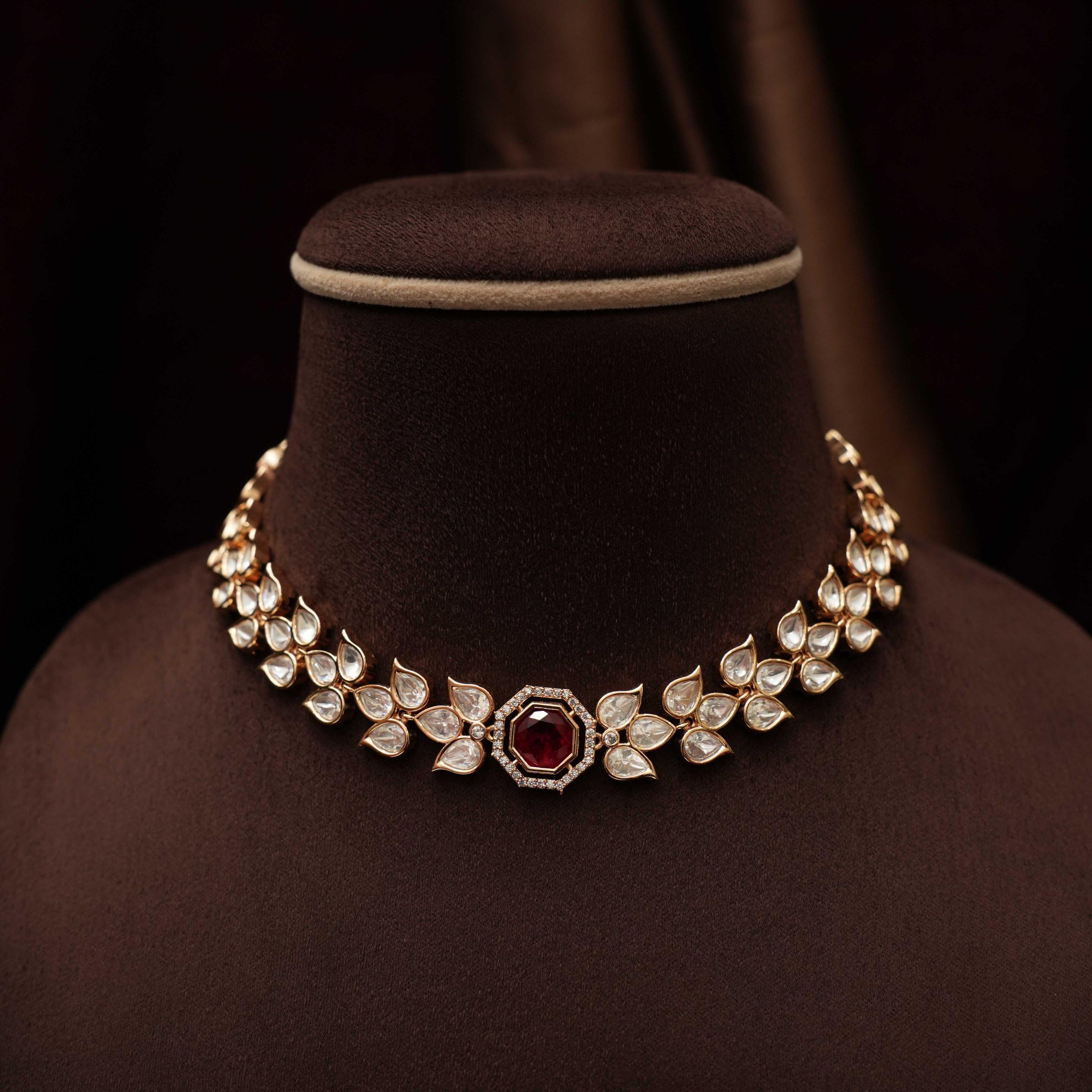 Daya Designer Polki Necklace - Red