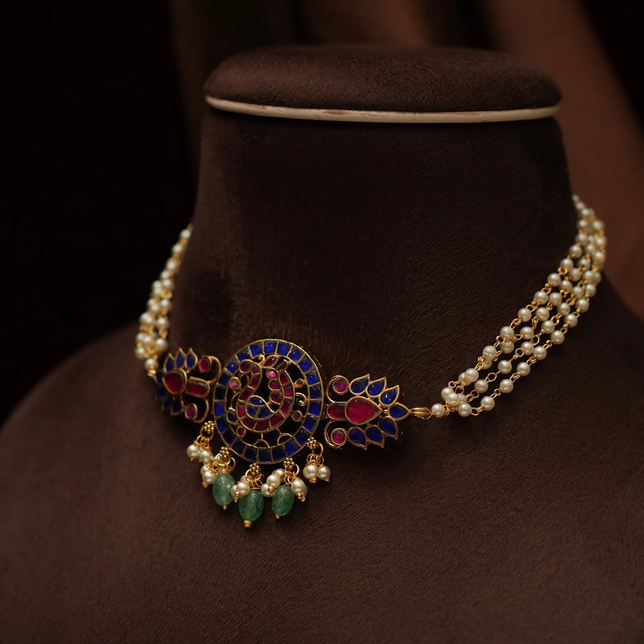 Devara Pearl Polki Choker - Blue