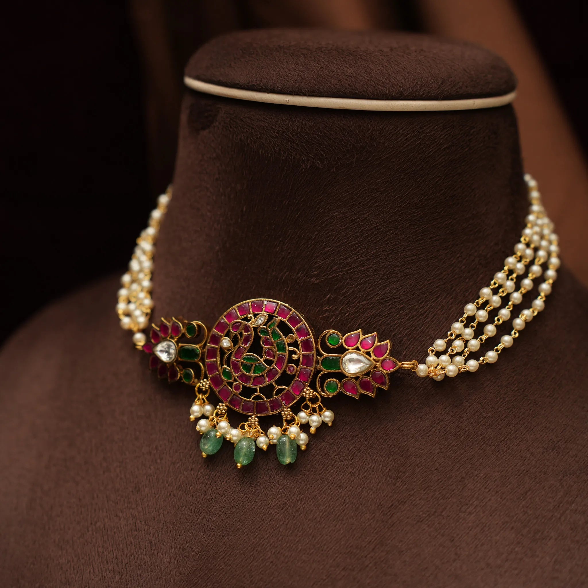 Devara Pearl Polki Choker - Red