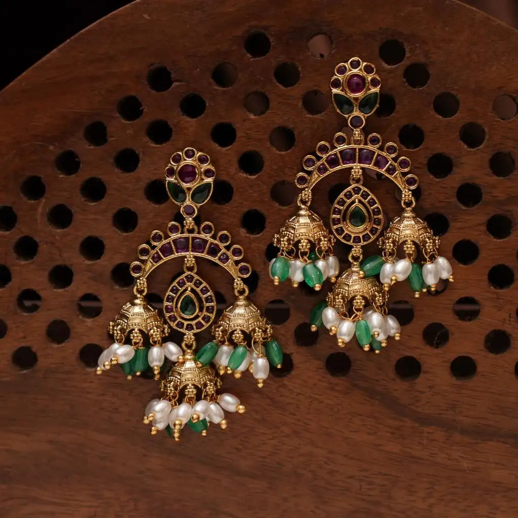 Devika Antique Designer Earrings - Red & Green