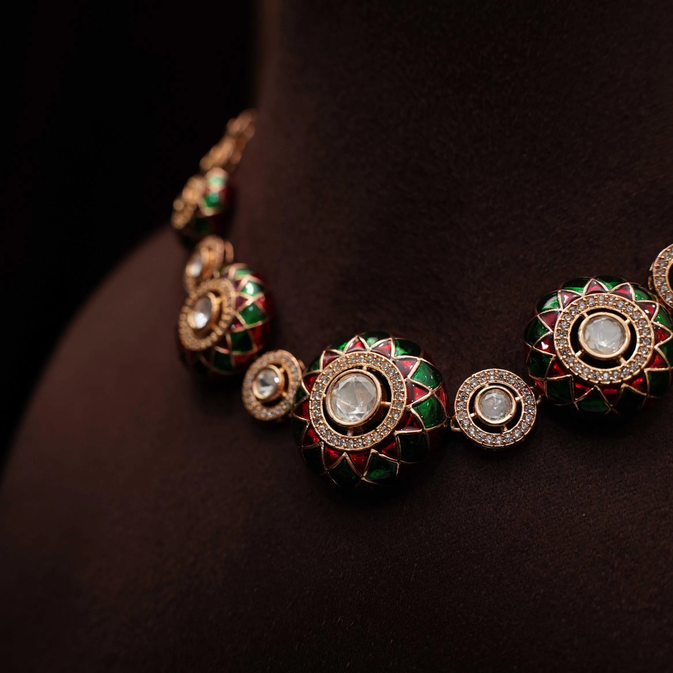 Dharu Polki Necklace - Red & Green