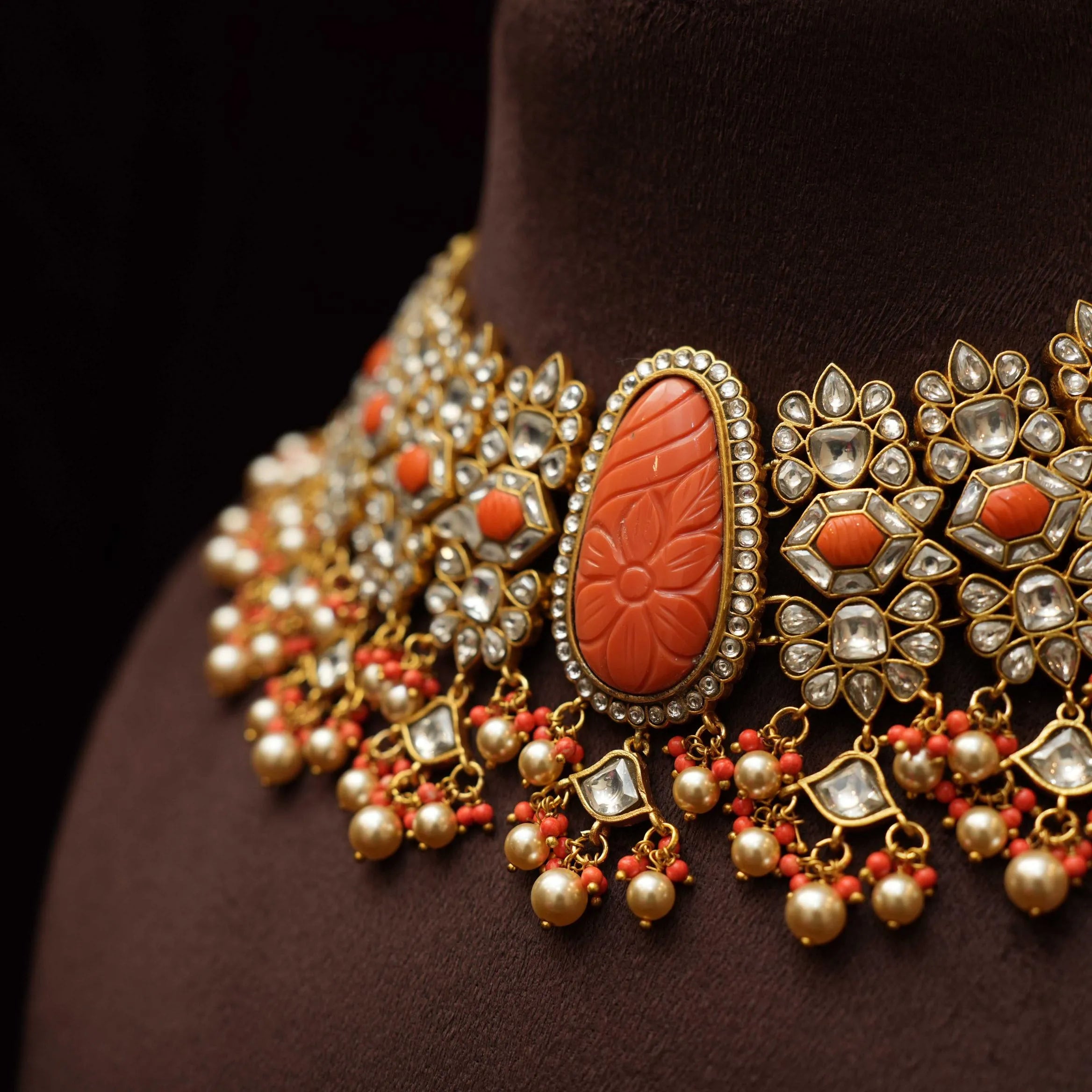 Dhruvi Polki Necklace - Coral - Rimli Boutique