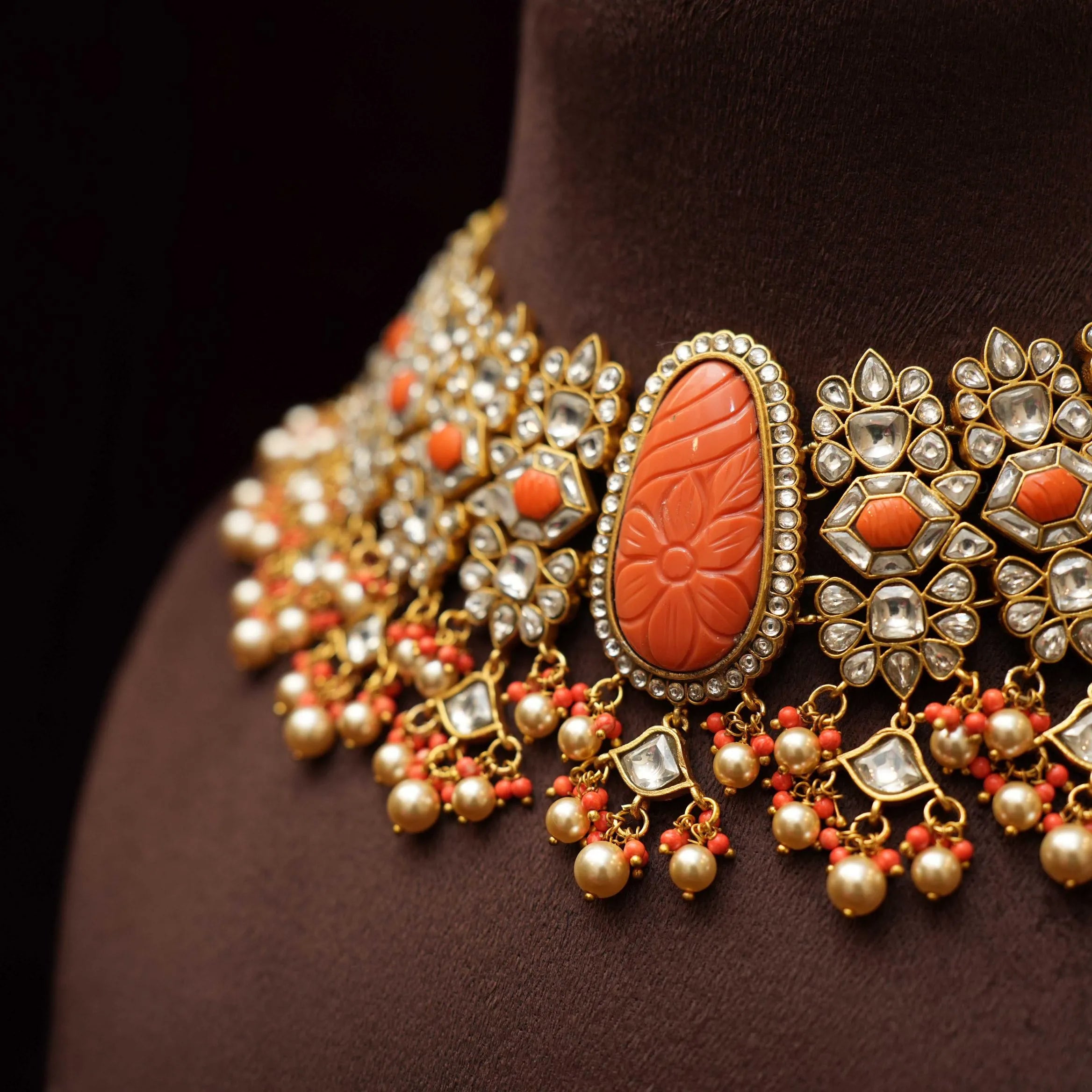 Dhruvi Polki Necklace - Coral - Rimli Boutique