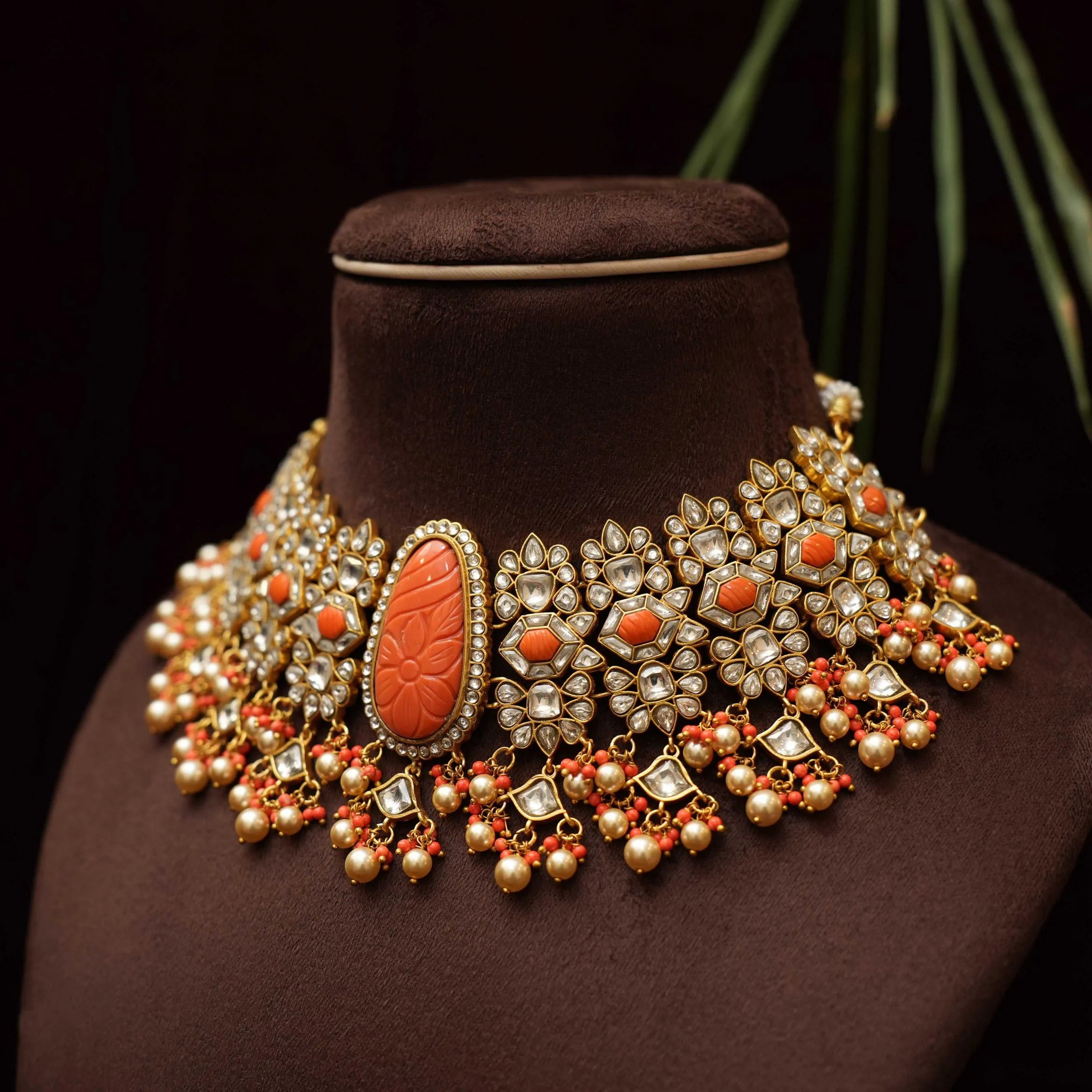 Dhruvi Polki Necklace - Coral - Rimli Boutique