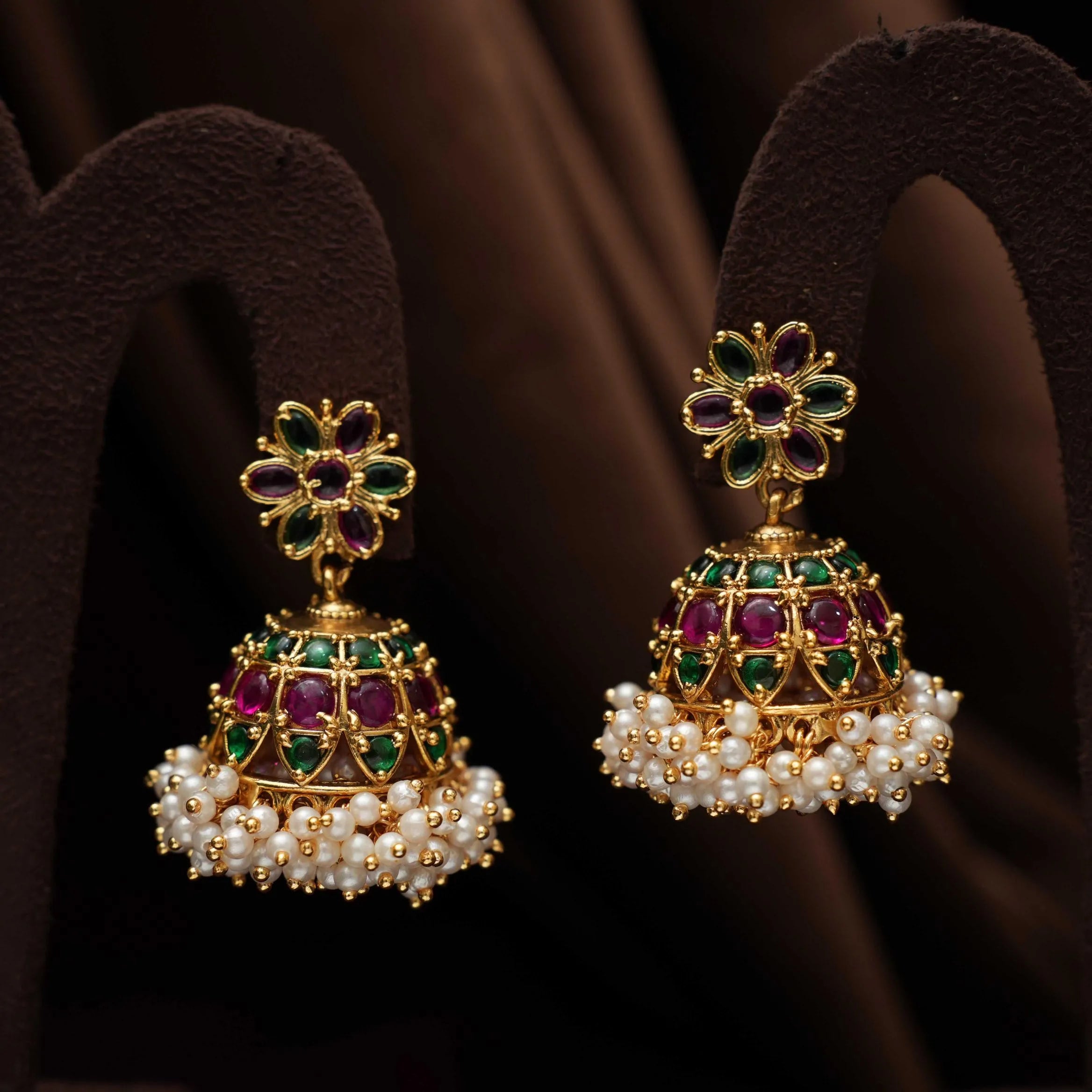 Drisa Antique Jhumka Earrings - Red & Green