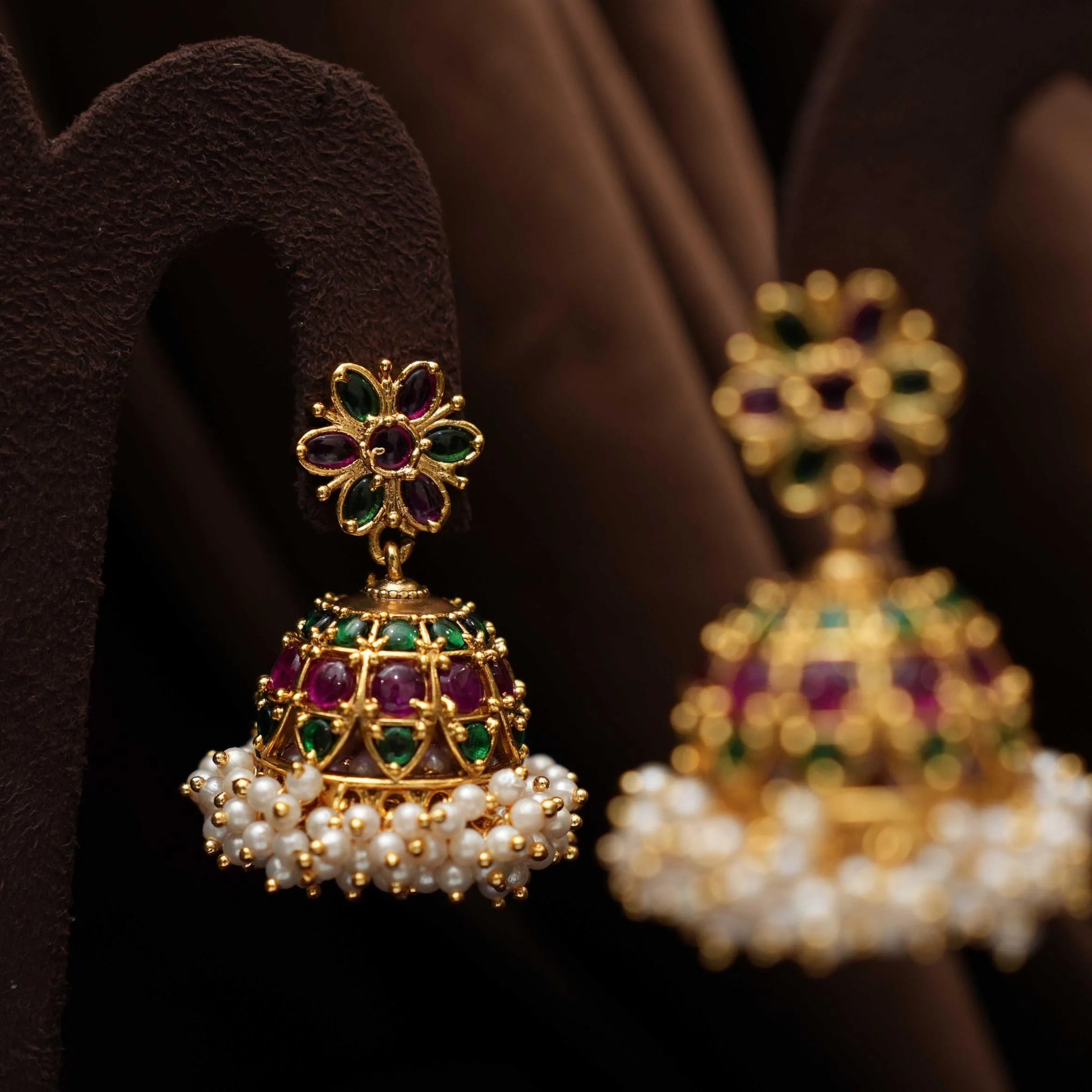 Drisa Antique Jhumka Earrings - Red & Green