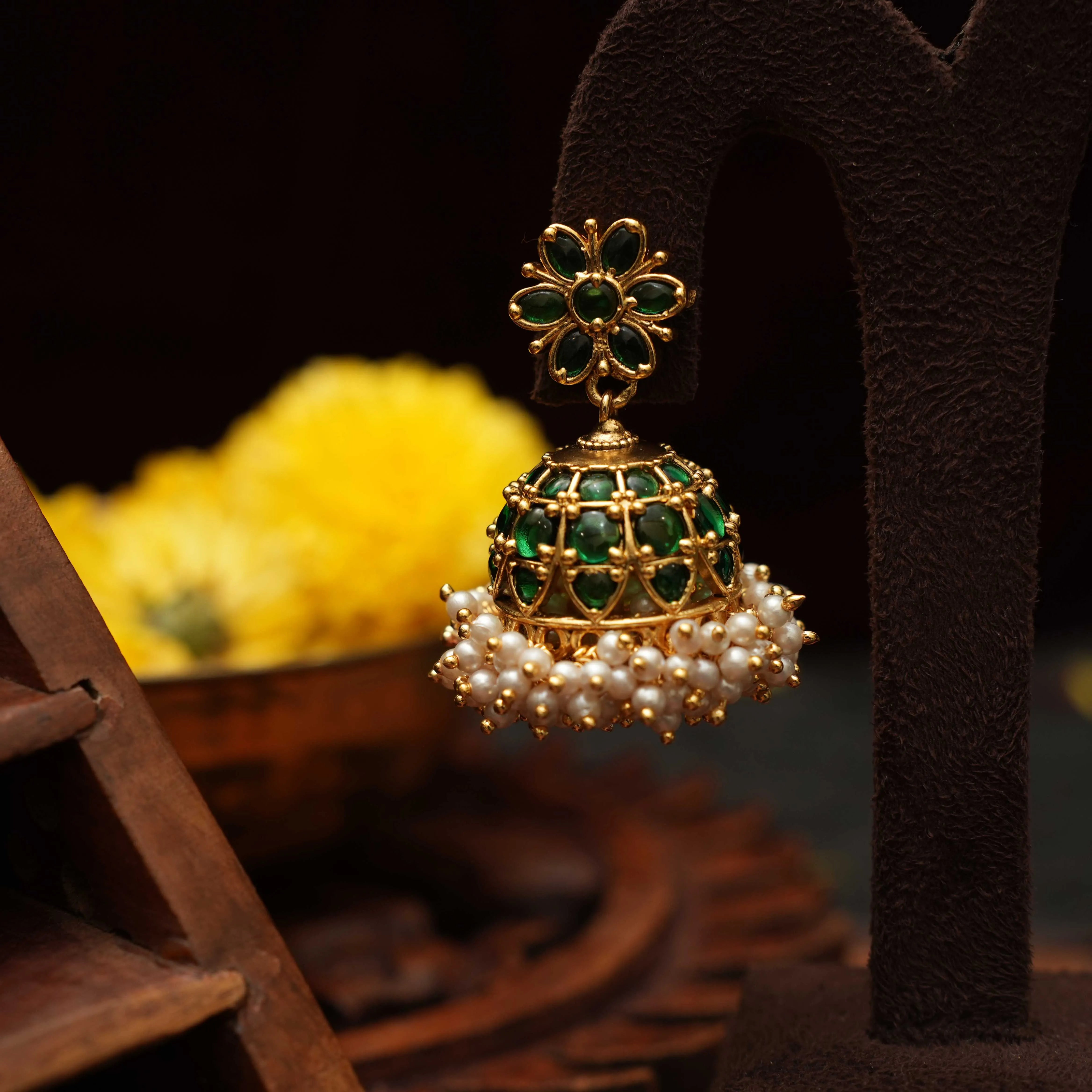 Drisa Antique Jhumka Earrings Green